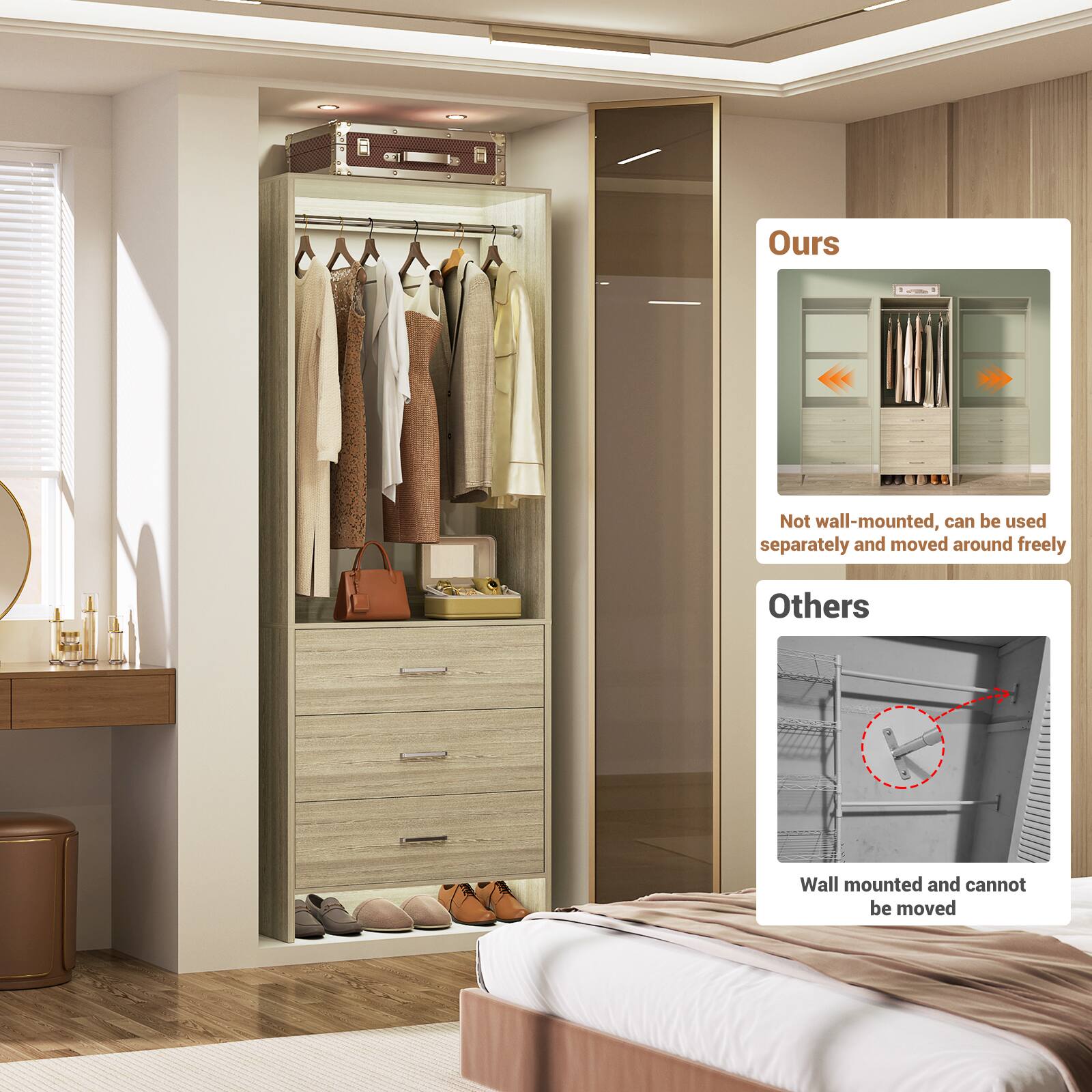 Ours  
Not wall-mounted, can be used separately and moved around freely  

Others  
Wall mounted and cannot be moved