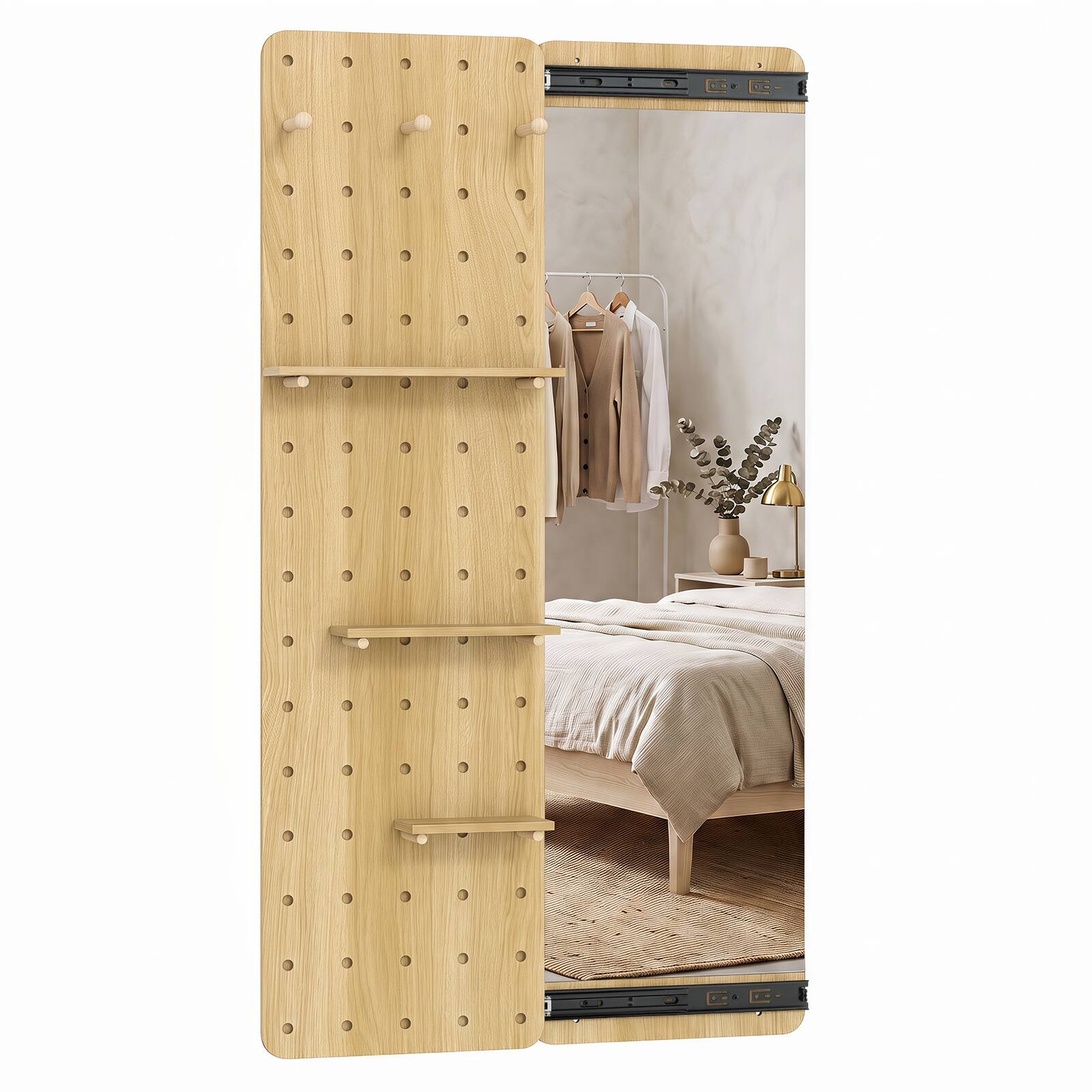 Alt View 9. Costway - Costway Solid Wood Full Length Mirror & Pegboard Storage Organizer with Sliding Pegboard - Natural.
