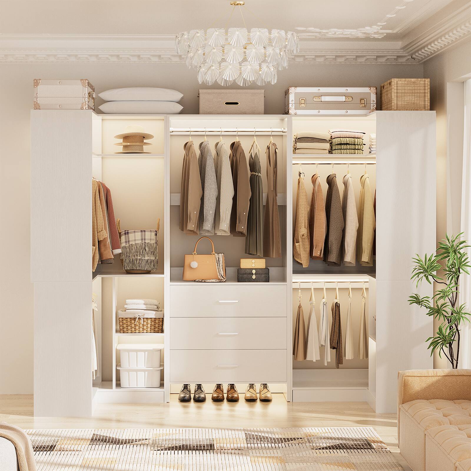 Alt View 2. Aheaplus - 88.8'' With U-Shaped Closet System, Walk-in Wardrobe System with 3 Drawers and 5 Hanging Rods, Set of 3 - White.