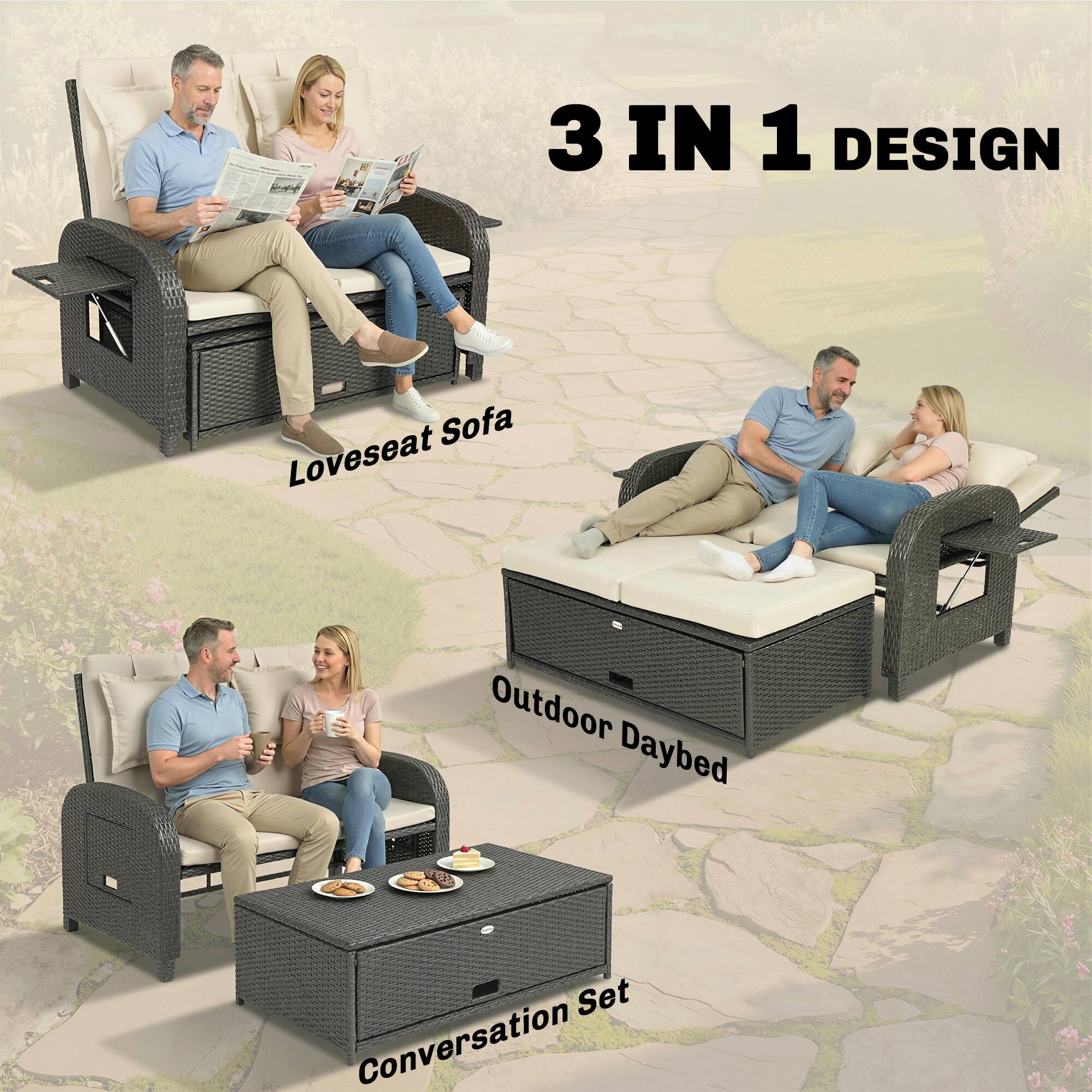 3 IN 1 DESIGN  
- Loveseat Sofa  
- Outdoor Daybed  
- Conversation Set