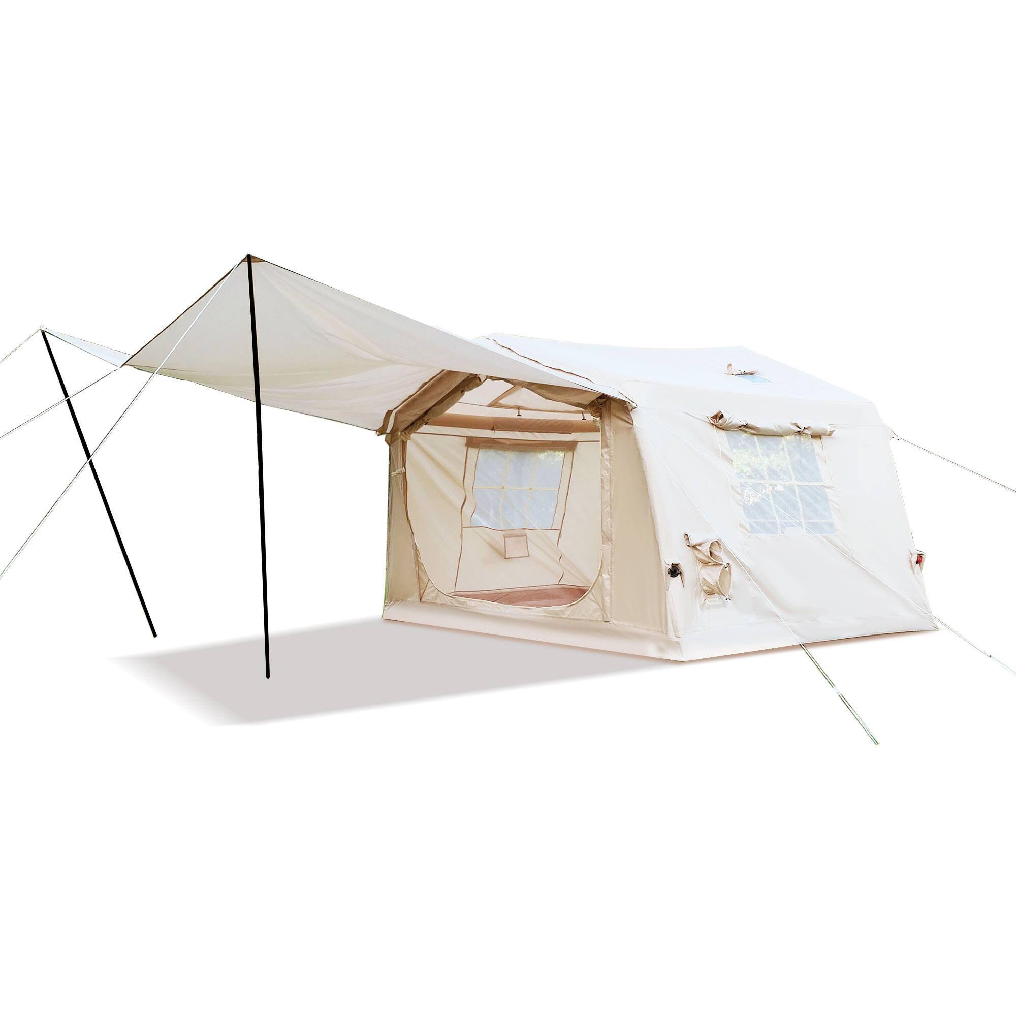 Left. Tiramisubest - 8m² Inflatable Camping Tent with Canopy, Easy Setup, Waterproof, 4 Season, 4/6/8 Person - Beige.