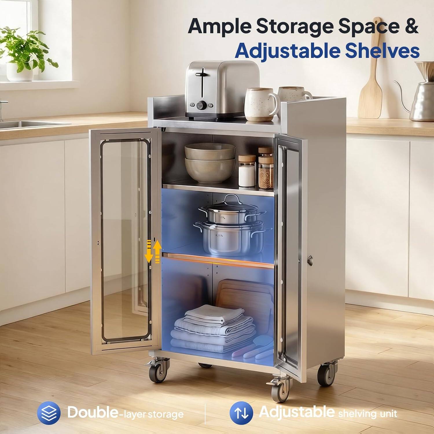Ample Storage Space & Adjustable Shelves  
Double-layer storage  
Adjustable shelving unit