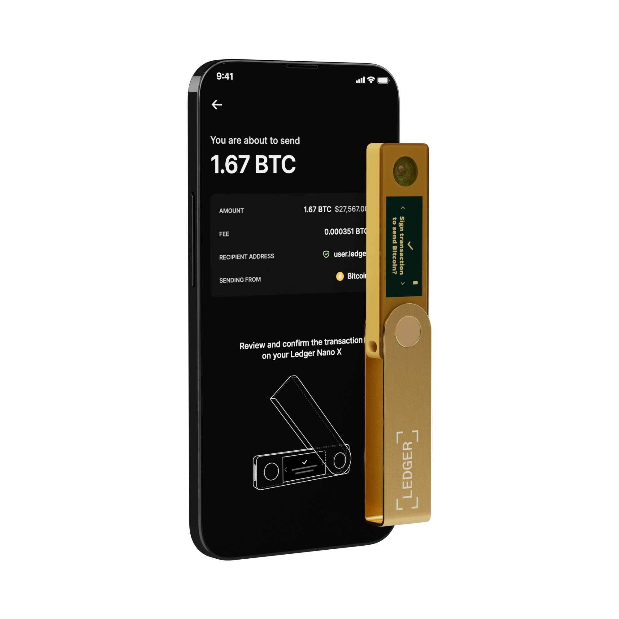 You are about to send 1.67 BTC for a fee of $27,567.0. The recipient address is [RECIPIENT_ADDRESS]. The sending address is [SENDING_ADDRESS]. Review the transaction and confirm the transaction using the Ledger Nano X.