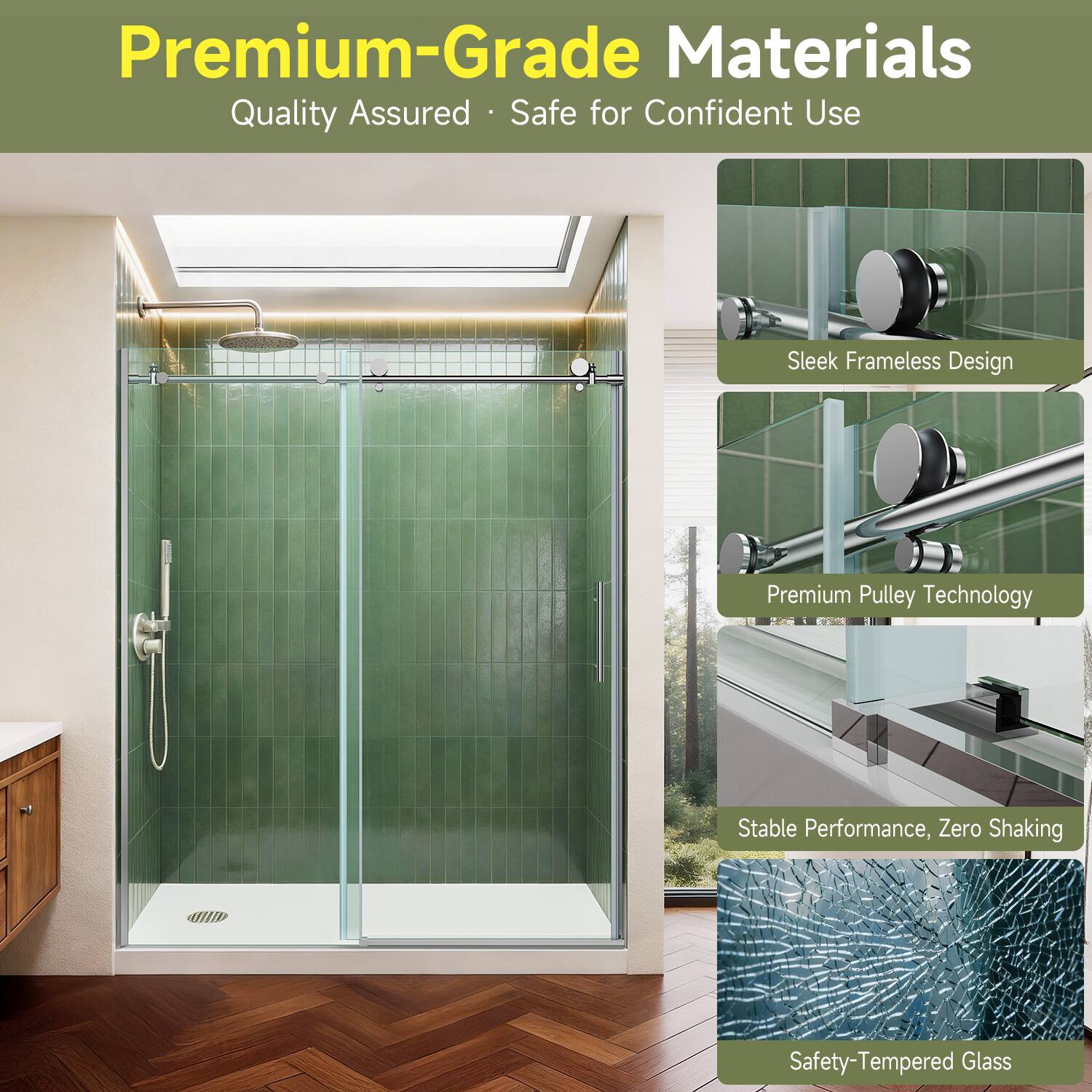 Premium-Grade Materials  
Quality Assured • Safe for Confident Use  

Sleek Frameless Design  
Premium Pulley Technology  
Stable Performance, Zero Shaking  
Safety-Tempered Glass