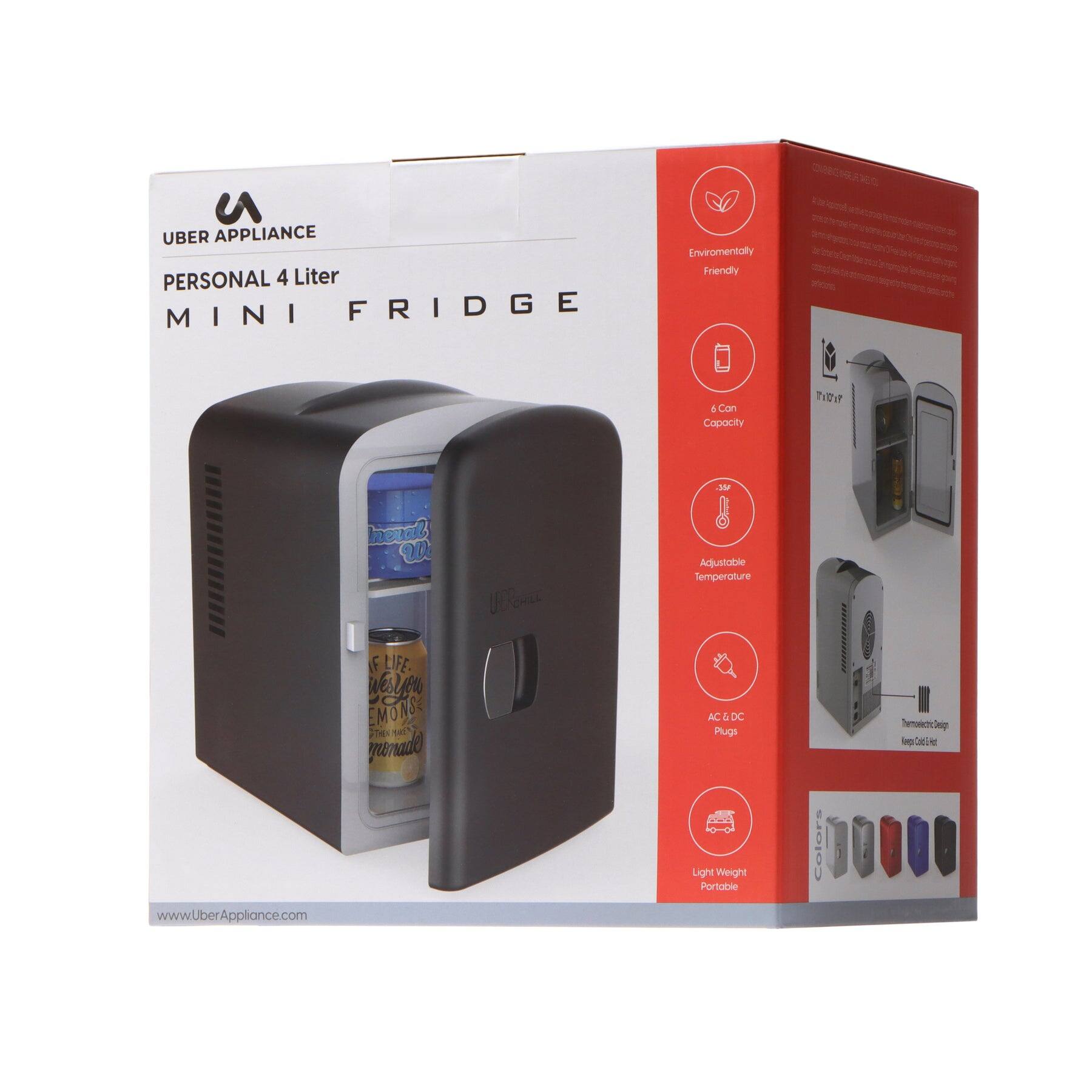 UBER APPLIANCE PERSONAL 4 Liter MINI FRIDGE Environmentally Friendly 6 Can Capacity Adjustable Temperature AC & DC Plugs Light Weight Portable Colors www.UberAppliance.com