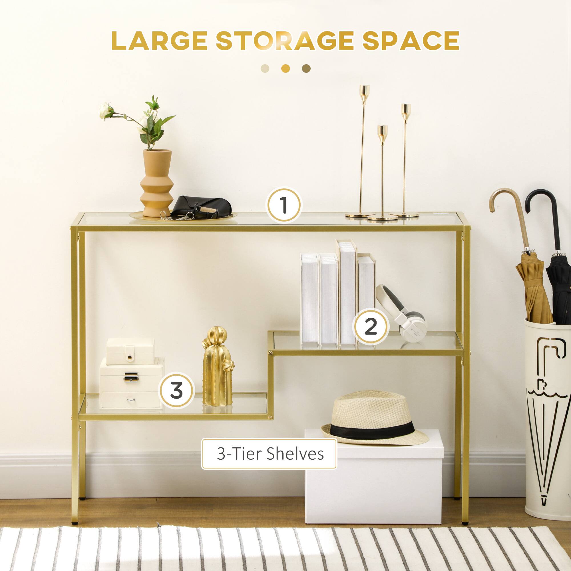 LARGE STORAGE SPACE

1. 3-Tier Shelves

2. 3-Tier Shelves

3. 3-Tier Shelves