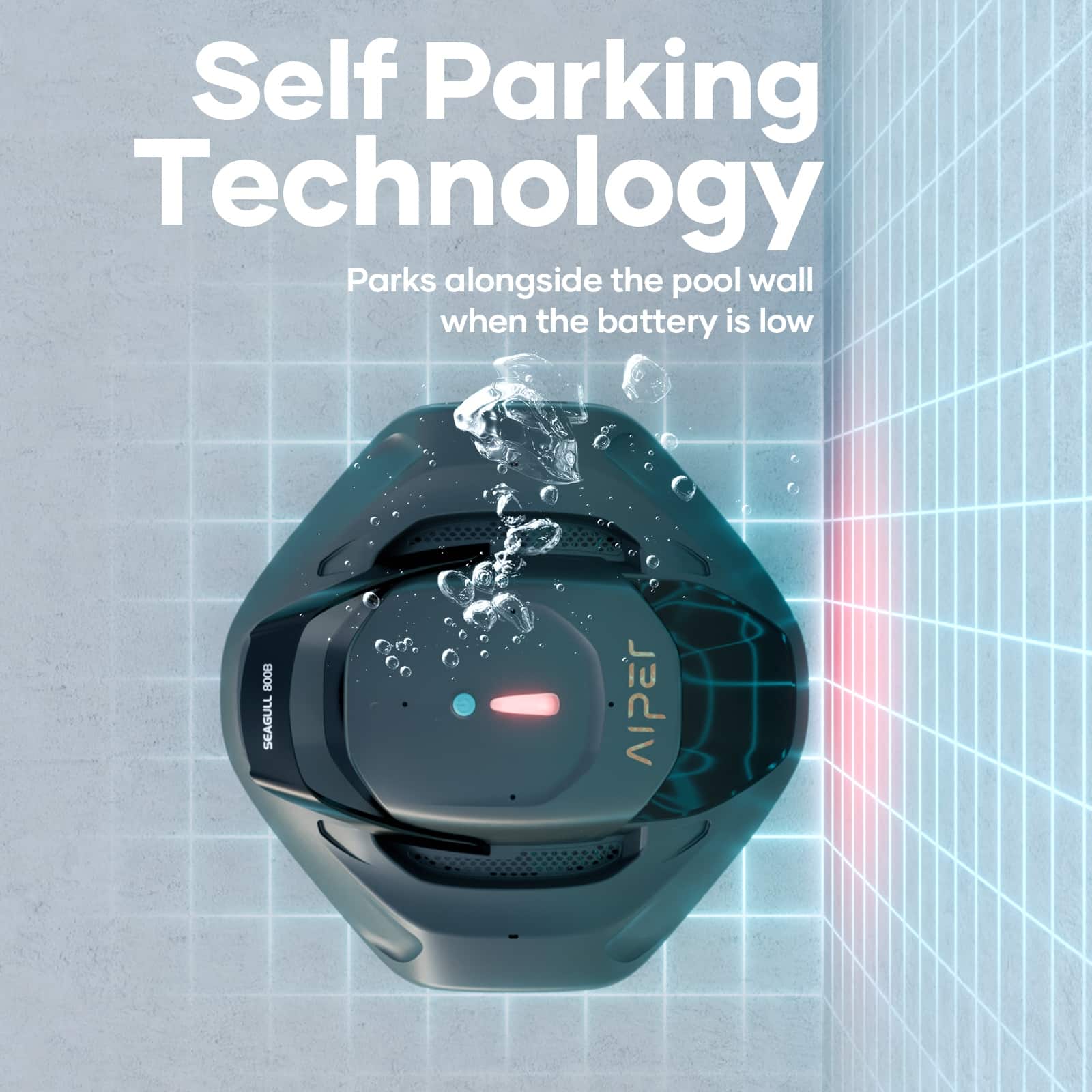 Self Parking Technology Parks alongside the pool wall when the battery is low. 800B SEAGULL AIPEr.