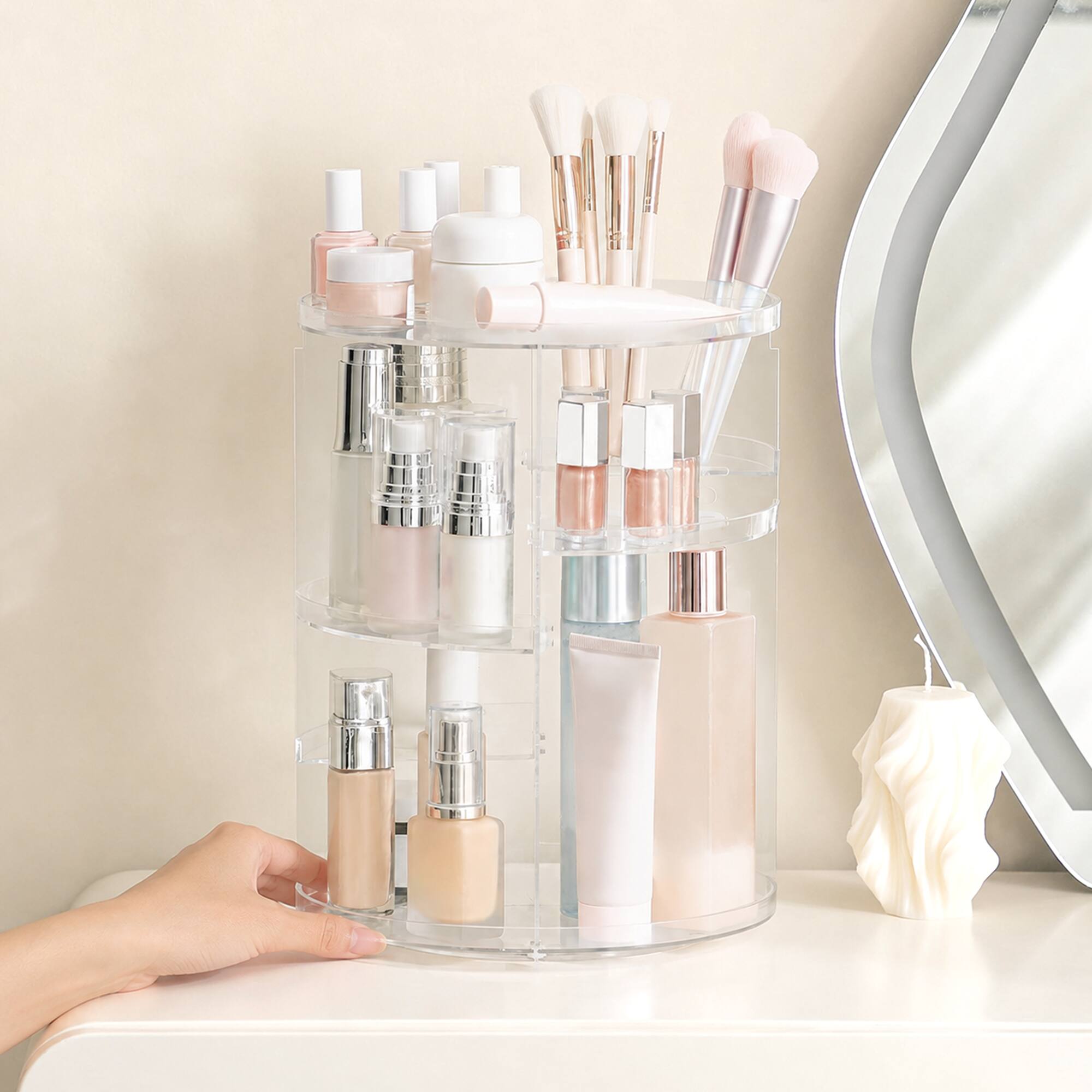 Angle. Cheer Collection - 360-Degree Rotating Acrylic Makeup and Skincare Organizer with 4 Adjustable Trays, 7 Height Levels - Clear.