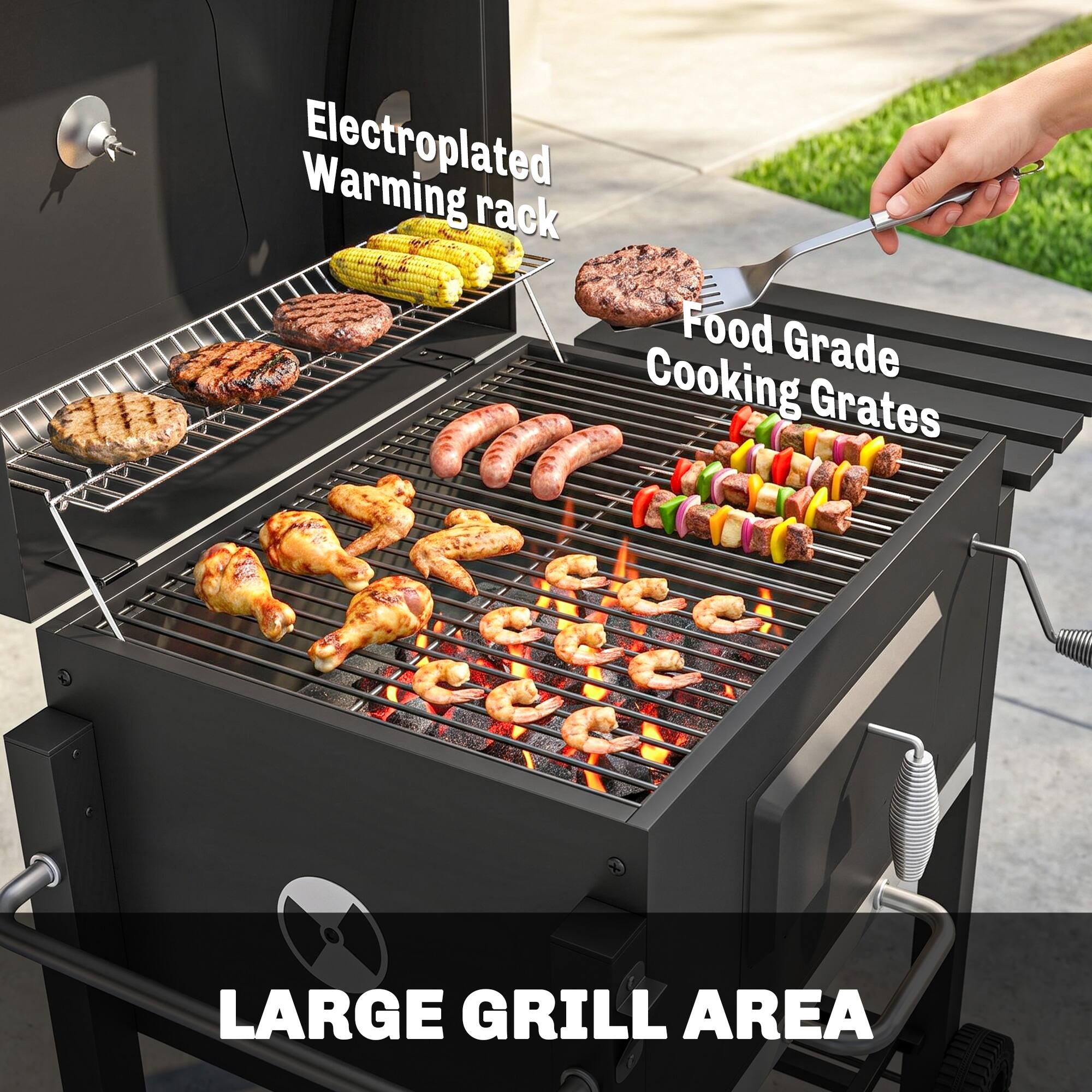 Electroplated Warming rack  
Food Grade Cooking Grates  
LARGE GRILL AREA