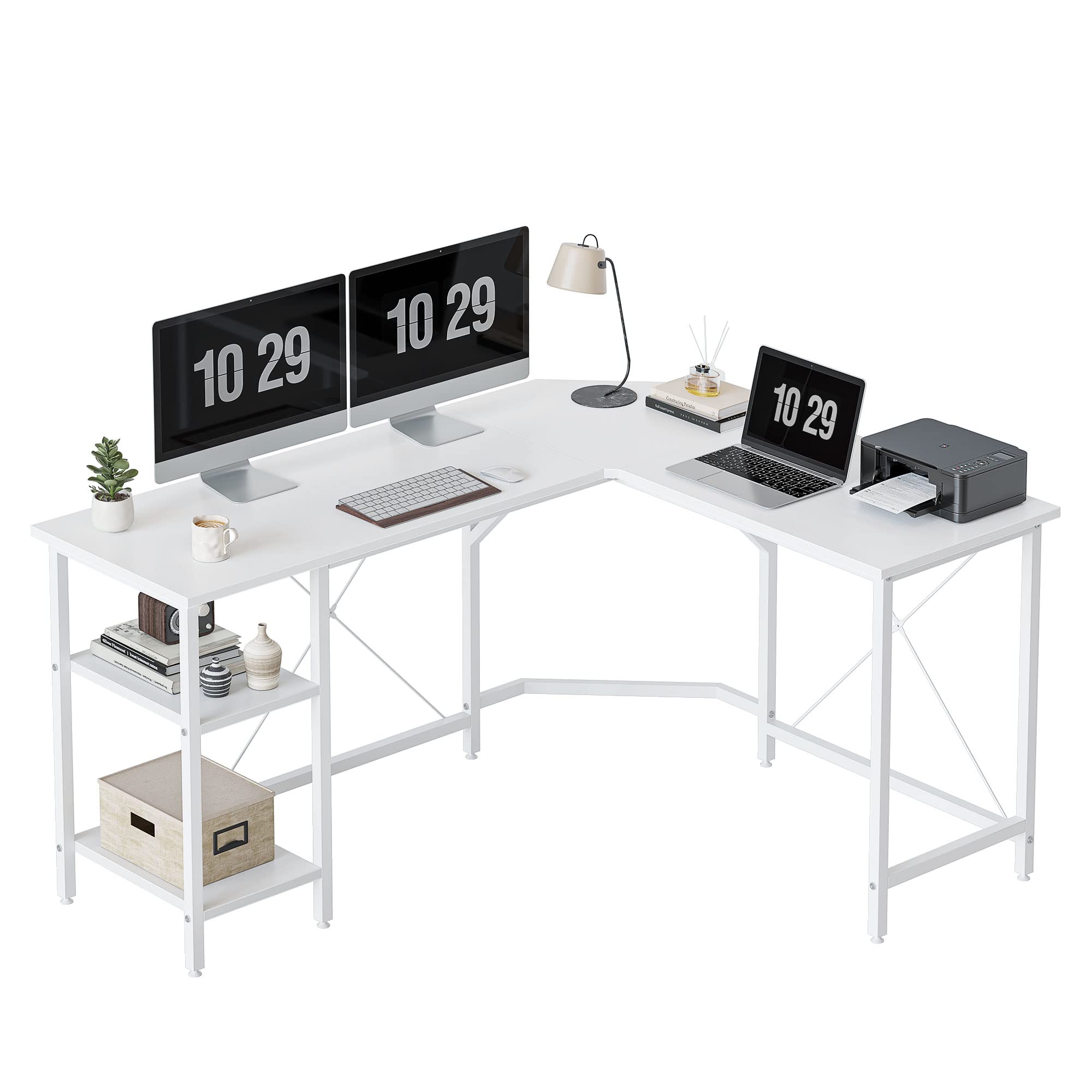 Hirose Alice - CubiCubi L Shaped Desk, nch Reversible Corner Desk with Storage Shelves, Home Office Desk for Writing Gamin - Warm White 59.1" with Storage Shelves