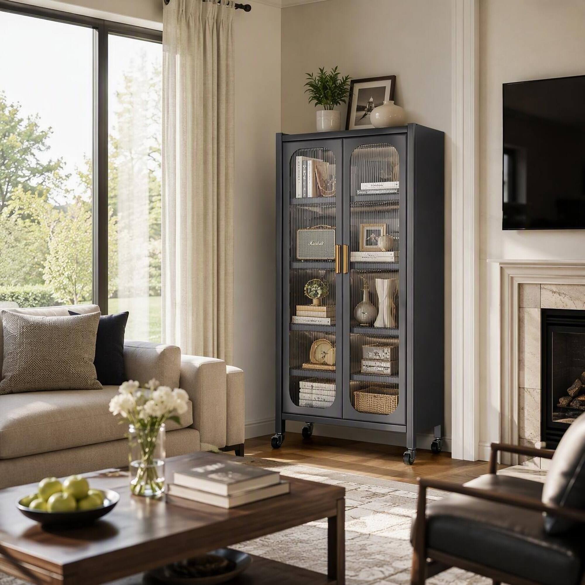 Back. RYHNUYNE - Freestanding 65 Inch Kitchen Pantry Cabinet with Adjustable Shelves and Wheels, 6-Tier Metal Storage, Gray - Gray.