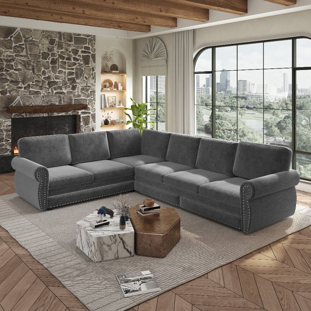 Back. Loheer - Loheer 118 Inch L-Shaped Sleeper Sofa Pull-Out Bed Light Grey - Light Grey.