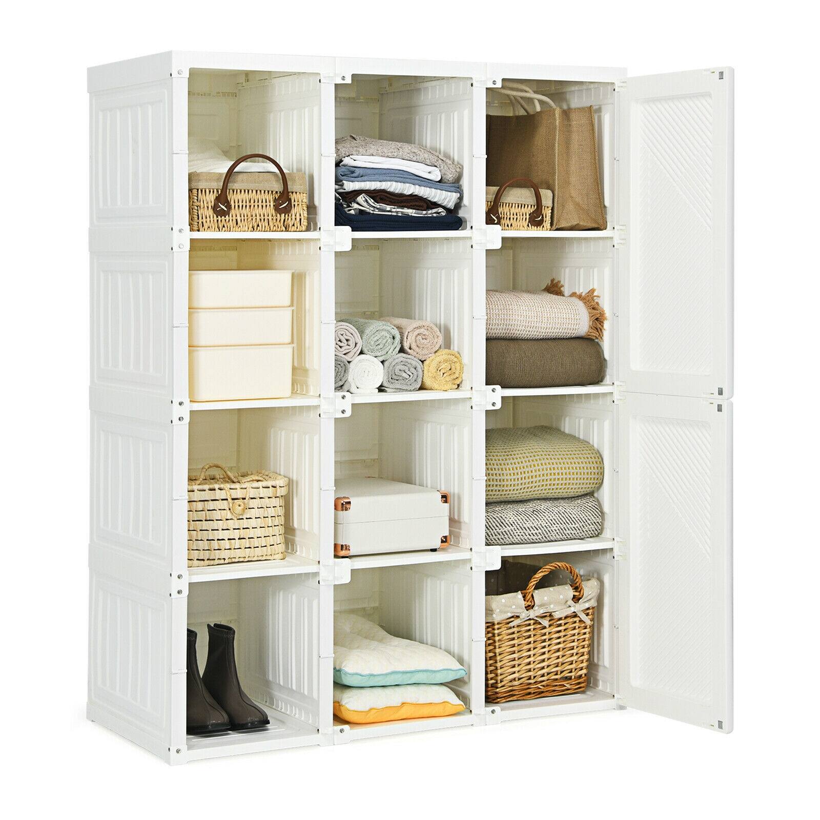 Left. SlickBlue - Space-Saving Foldable Wardrobe with 12 Cubby Compartments for Clothes - White.