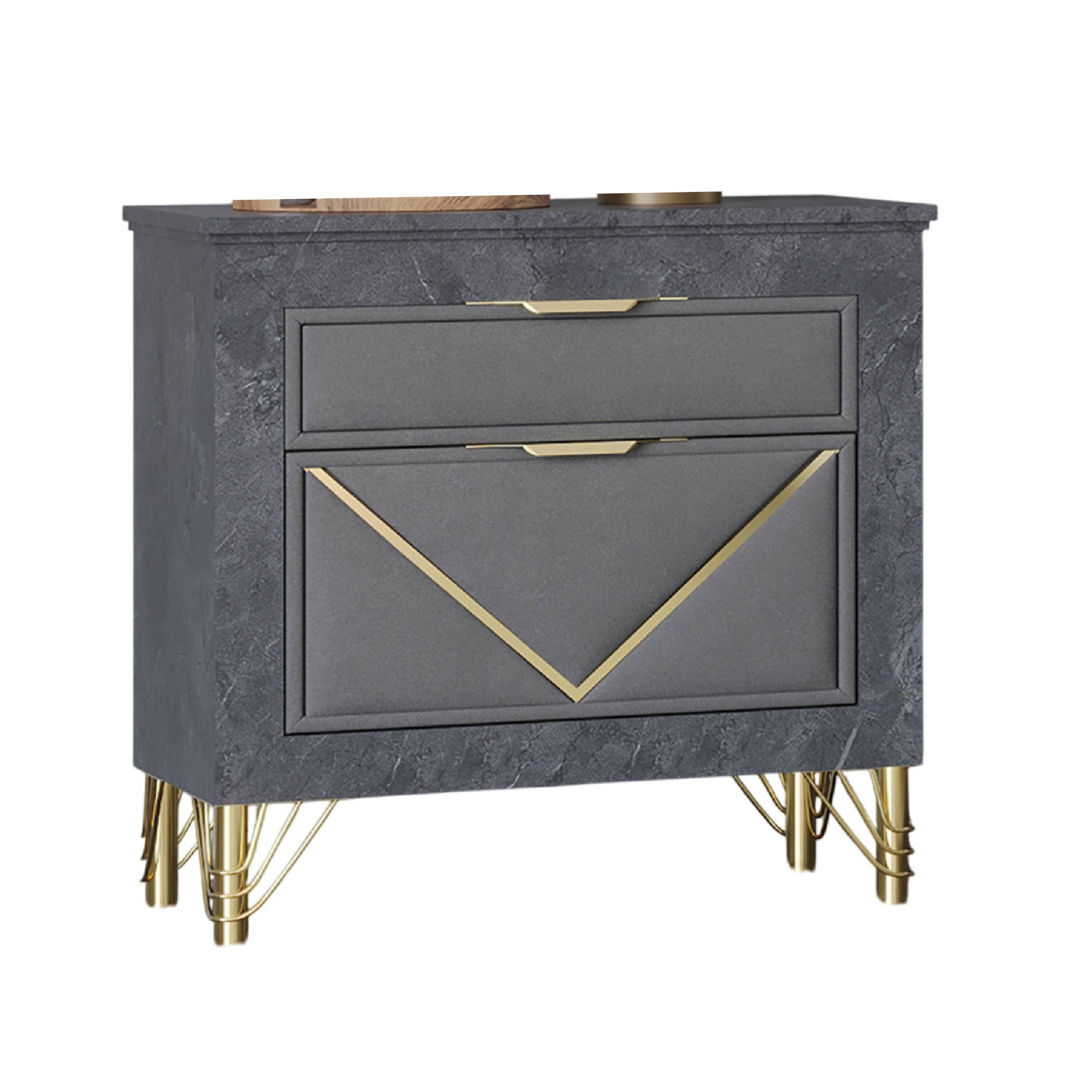 Front. Manhattan Lane - Semy Nightstand, 2  Accented Drawers,  Marble Laminate - Charcoal Gray, Gold.