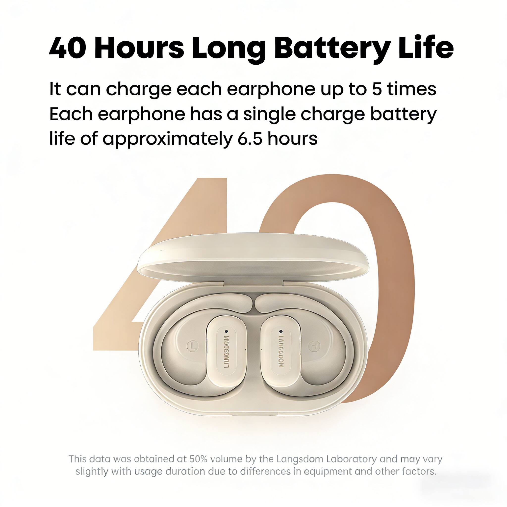 40 Hours Long Battery Life

It can charge each earphone up to 5 times. Each earphone has a single charge battery life of approximately 6.5 hours.

This data was obtained at 50% volume by the Langsdom Laboratory and may vary slightly with usage duration due to differences in equipment and other factors.