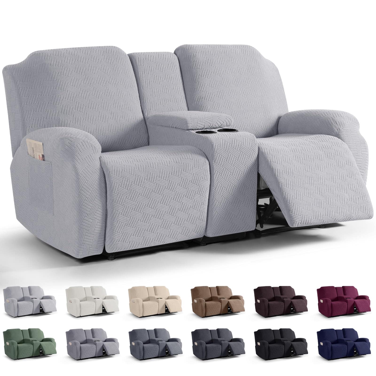 Fabibe - Loveseat Recliner Covers with Middle Console Slipcover, Reclining Design, Jacquard, Washable, Stretch Design - Silver Gray 2 Seater with Console