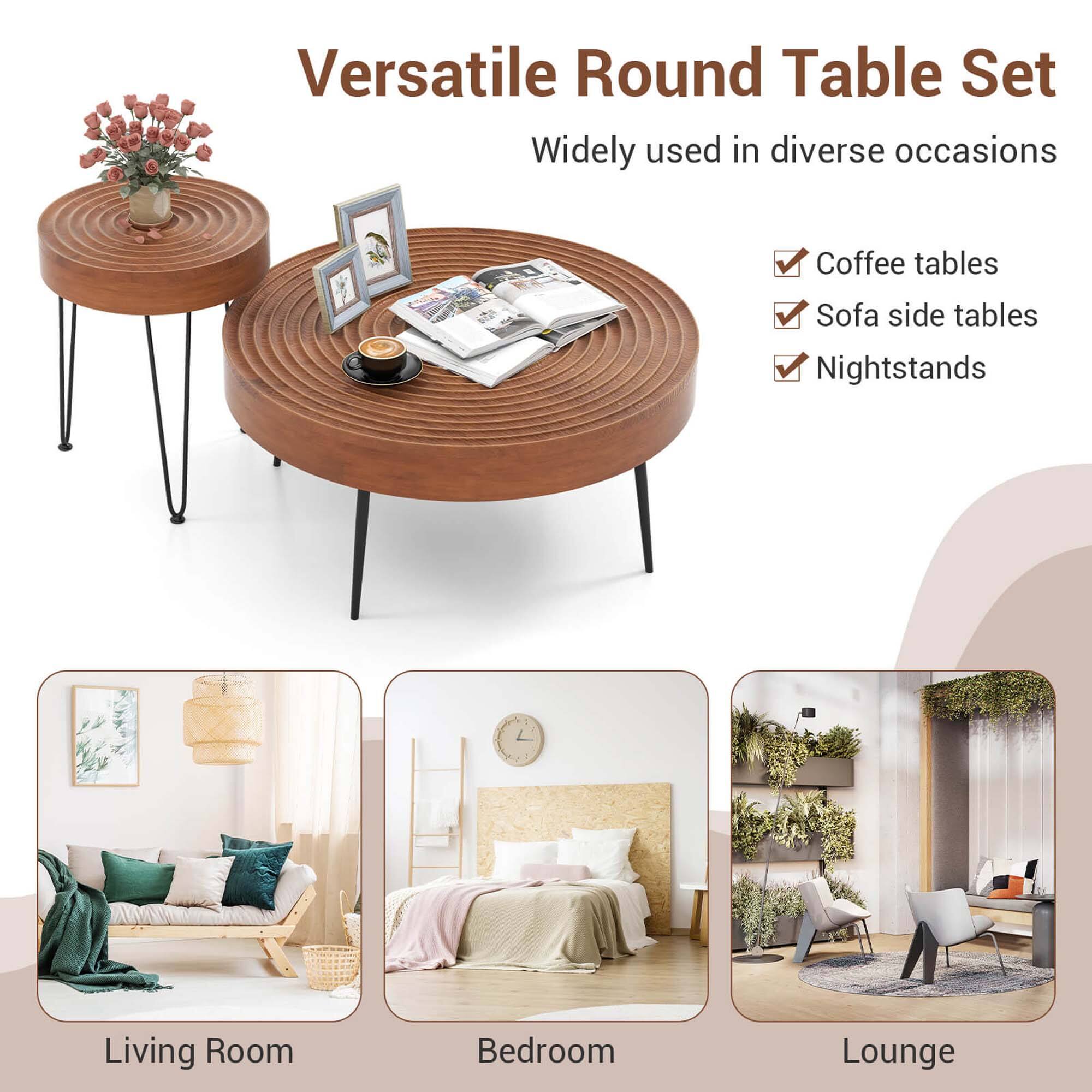 Versatile Round Table Set: Widely used in diverse occasions, including coffee tables, sofa side tables, and nightstands for both living room and bedroom settings, as well as lounge areas.