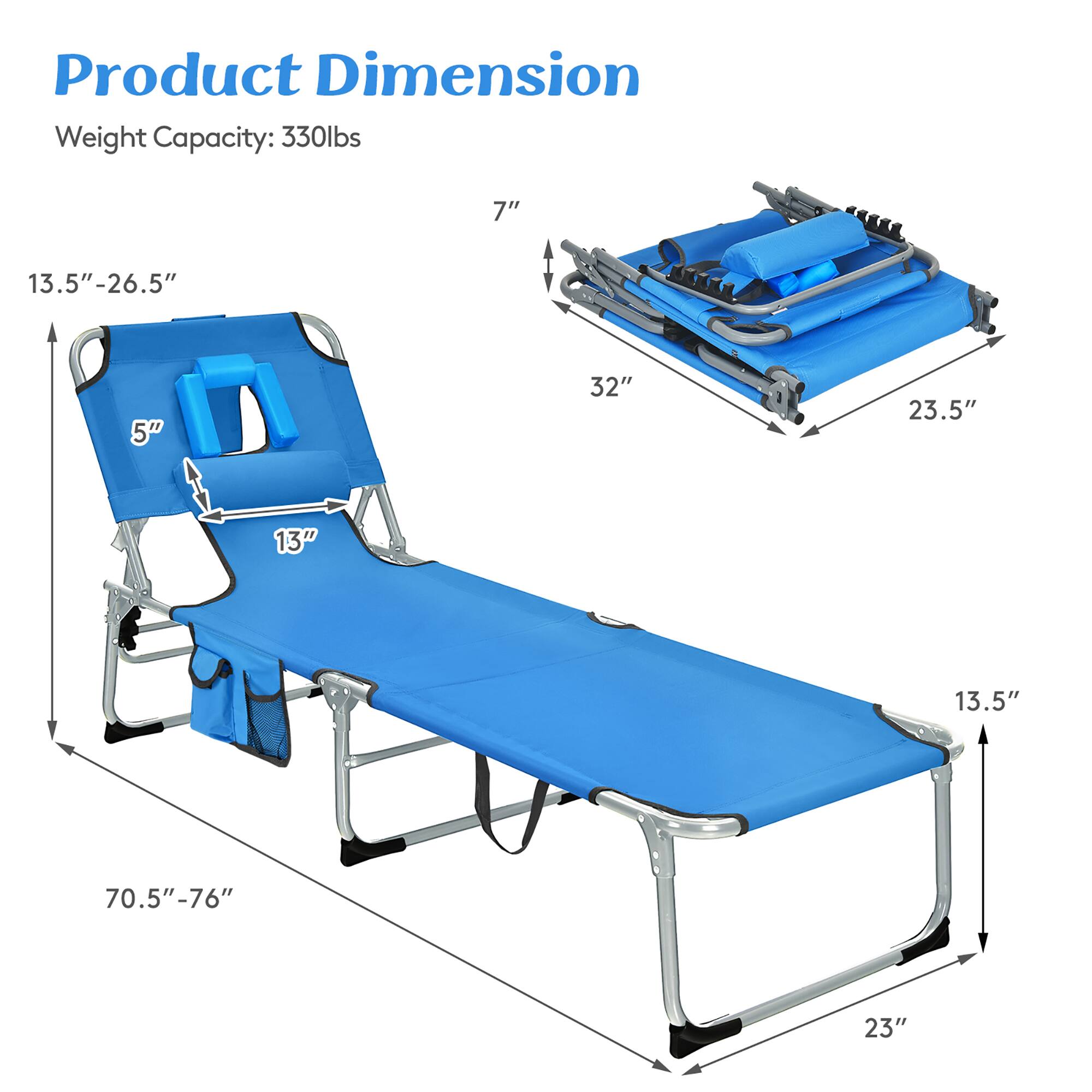 Product Dimension
Weight Capacity: 330lbs
7"
13.5"-26.5"
5"
32"
23.5"
13"
13.5"
70.5"-76"
23"