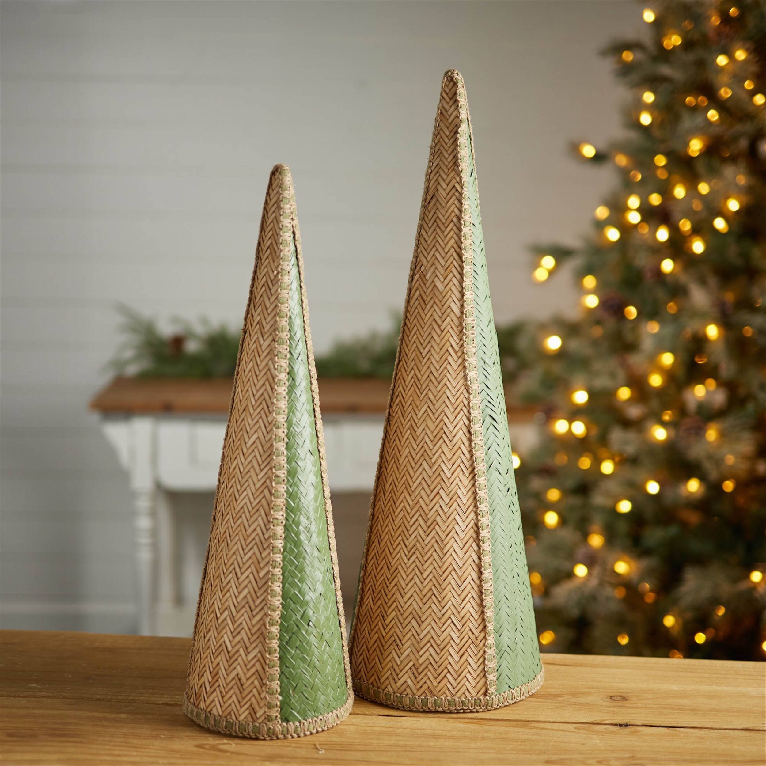 Angle. BreeBe - Woven Bamboo Cone Pine Tree (Set of 2) - Green, Beige.