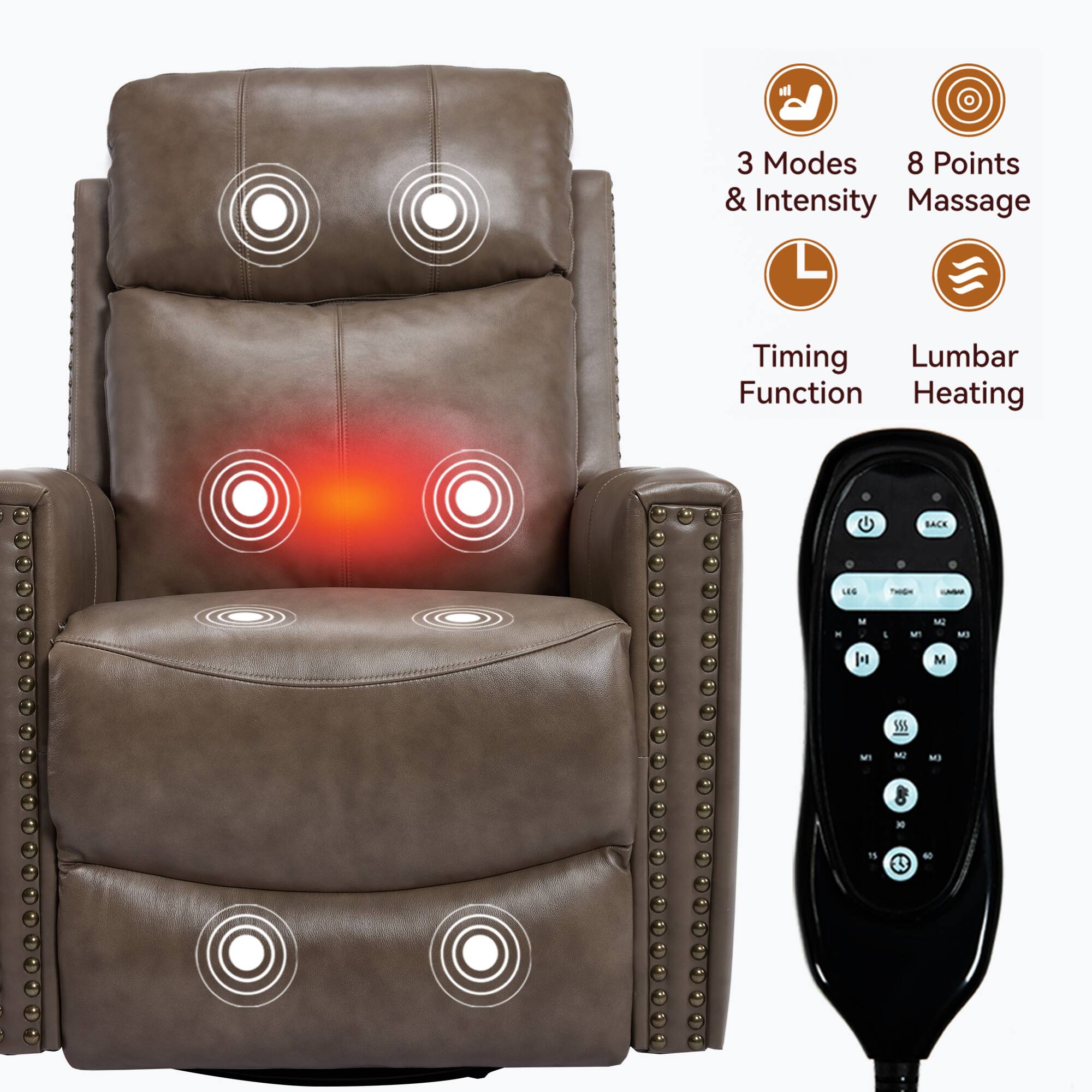 3 Modes & Intensity  
8 Points Massage  
Timing Function  
Lumbar Heating  

BACK  
LEGS  
FRONTAL  
LUMBAR  

M1  
M2  
M3  

30  
40