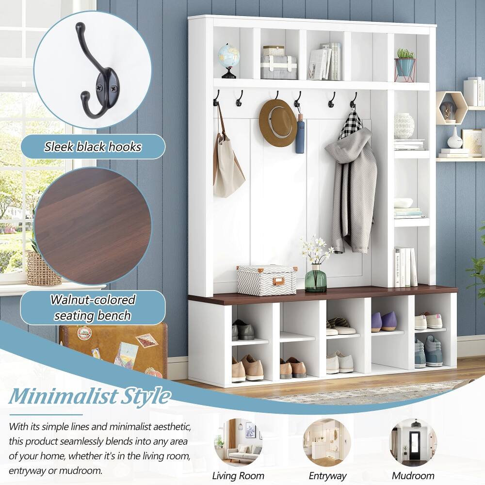 Sleek black hooks  
Walnut-colored seating bench  

Minimalist Style  
With its simple lines and minimalist aesthetic, this product seamlessly blends into any area of your home, whether it's in the living room, entryway or mudroom.  

Living Room  
Entryway  
Mudroom