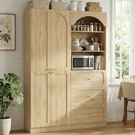 Aheaplus - 80" Arched Kitchen Pantry Sets: Wooden Cupboard, 3 Drawers, 9-Tier Shelves, Kitchen/Living Room ,Ships in 2 Packages - Natural Oak