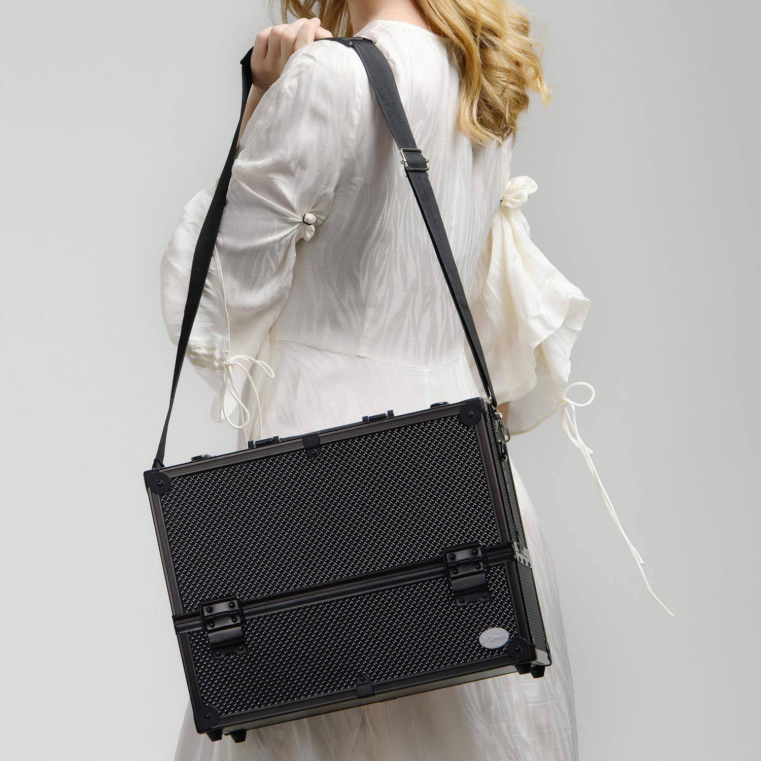 Alt View 1. Fabibe - Makeup Case Professional Adjustable - 6 Trays Cases Storage Organizer Box with Lock and Compartments 14 Inch Large Black - Silvery White.