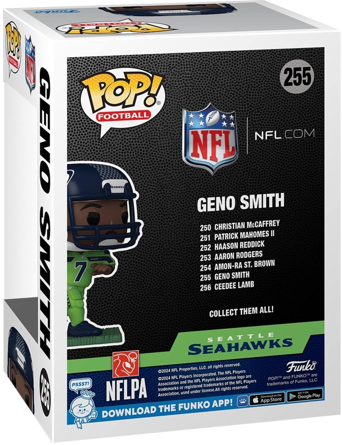 POP! FOOTBALL, NFL.COM, GENO SMITH, 250 CHRISTIAN McCAFFREY, 251 PATRICK MAHOMES II, 252 HAASON REDDICK, 253 AARON RODGERS, 254 AMON-RA ST. BROWN, 255 GENO SMITH, 256 CEEDEE LAMB, COLLECT THEM ALL!, SEATTLE SEAHAWKS, 2024 NFL Players Association, NFL Players Incorporated, NFLPA, Funko Properties, LLC, PSSST!, DOWNLOAD THE FUNKO APP!, Google Play App Store, FUNKO APP!