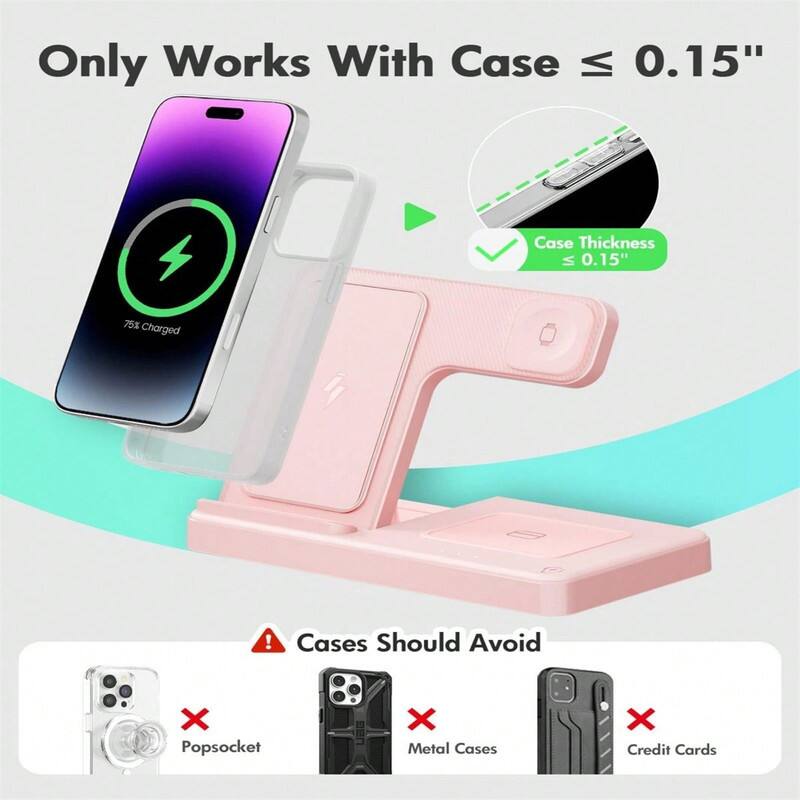Only Works With Case ≤ 0.15"  
Case Thickness ≤ 0.15"  
75% Charged  

Cases Should Avoid  
Popsocket  
Metal Cases  
Credit Cards