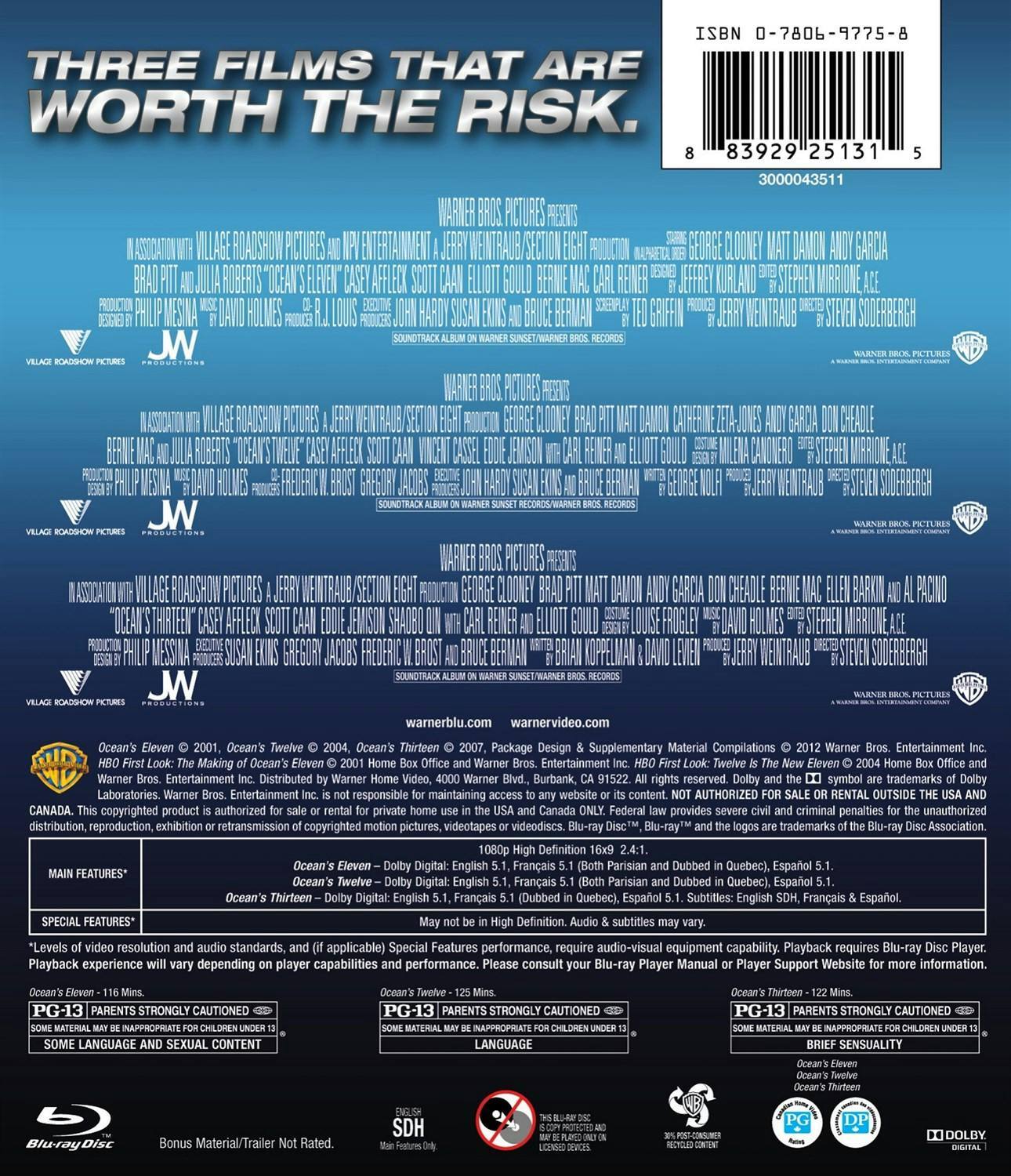 Back. Ocean's Eleven (2001) / Ocean's Twelve / Ocean's Thirteen [Blu-ray].