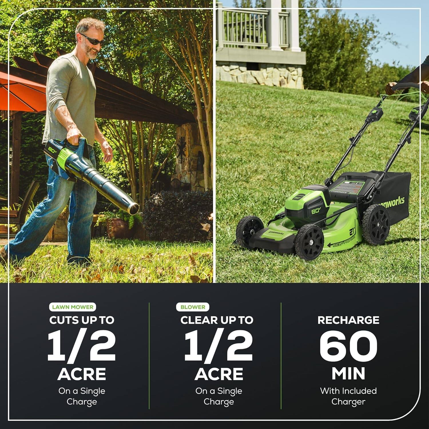 BC Boy Works 21 Lawn Mower Cuts Up to 1/2 Acre on a Single Charge  
Blower Clears Up to 1/2 Acre on a Single Charge  
Recharge 60 Min With Included Charger