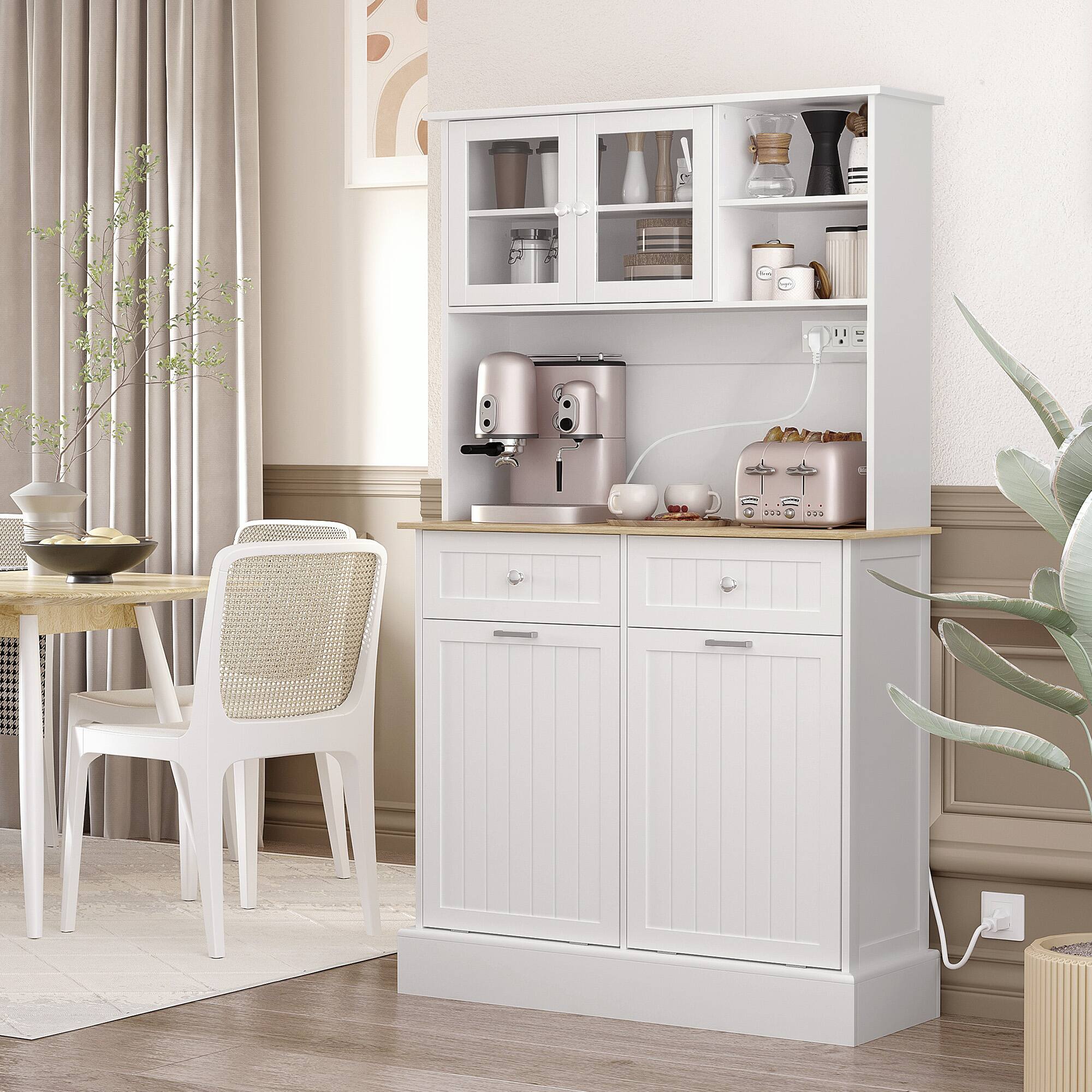 Alt View 1. Homcom - Cabinet with Charging Station, 2 Tilt Out Cabinets, Microwave Stand - White.