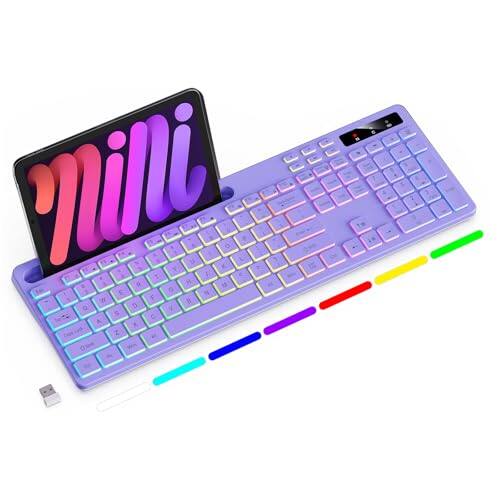 Earthley Blooms - Wireless With Rgb Backlit Full-size Computer Phone Tablet Holder Rechargeable Gaming Light Up Keys Compatible - Purple