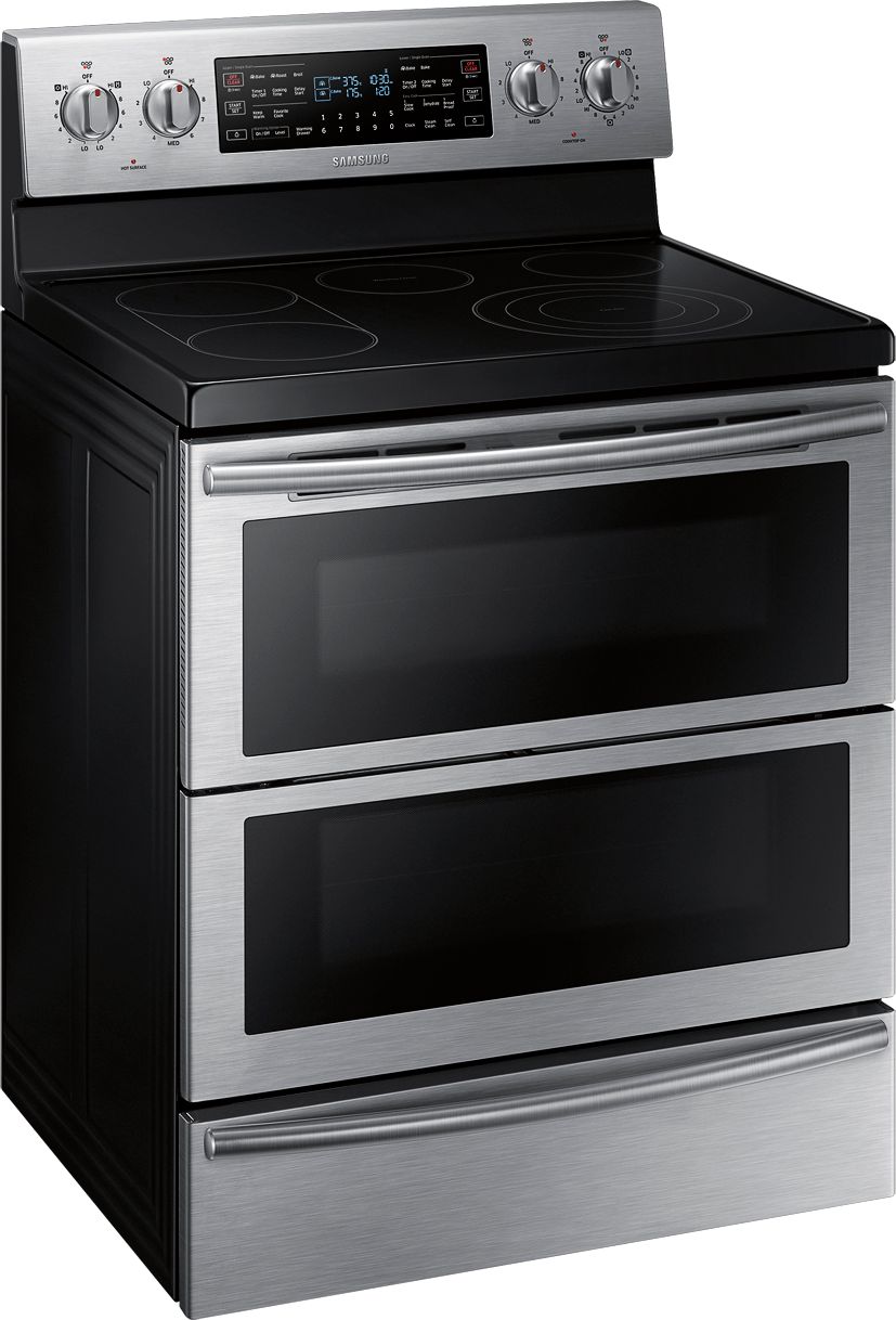 Angle View: GE - 6.6 Cu. Ft. Slide-In Double Oven Electric Convection Range - Stainless Steel