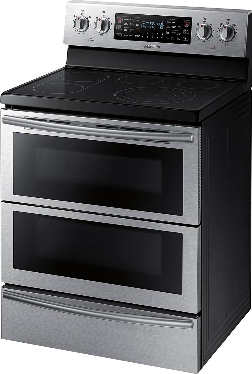 Left View: GE - 6.6 Cu. Ft. Slide-In Double Oven Electric Convection Range - Stainless Steel