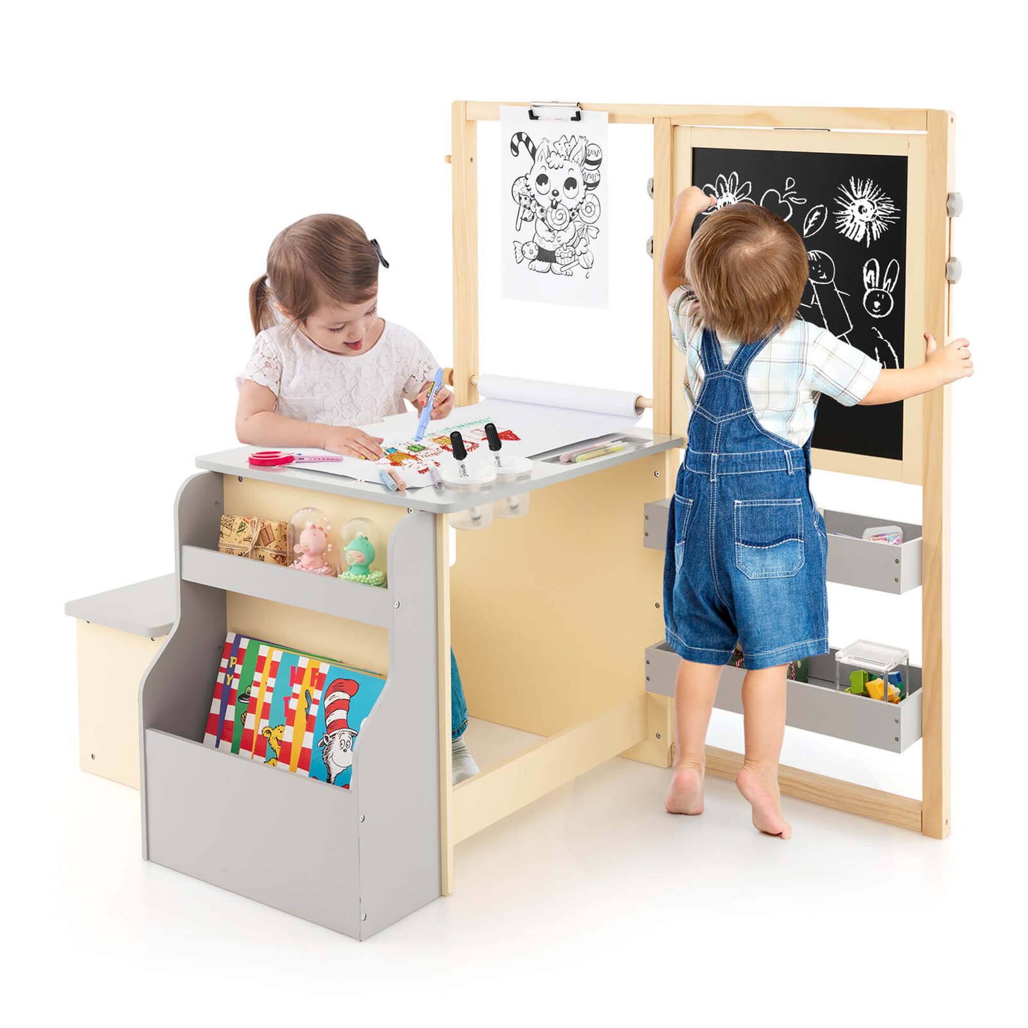 Alt View 19. Costway - Kids Art Center Wooden Table Bench Set Adjustable Double-Sided Easel Storage - Grey.