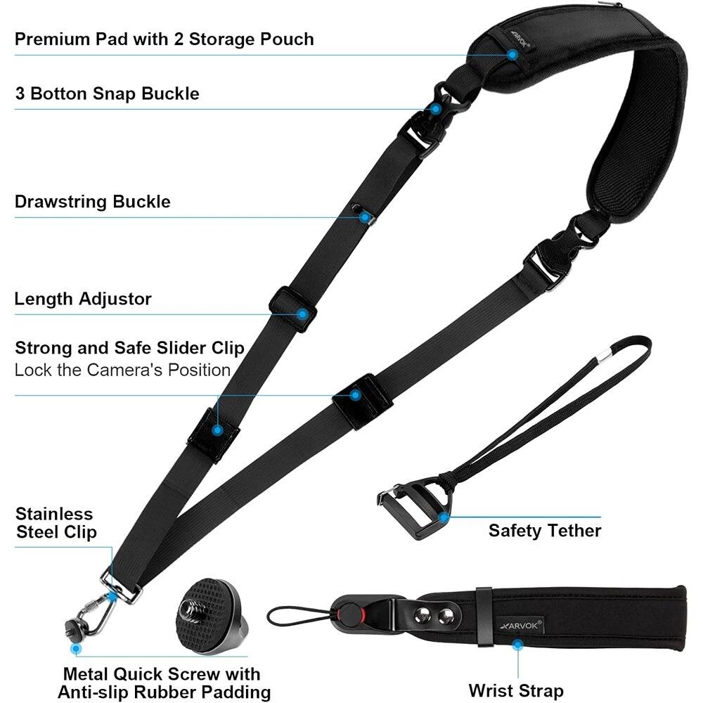 - Premium Pad with 2 Storage Pouch
- 3 Button Snap Buckle
- Drawstring Buckle
- Length Adjustor
- Strong and Safe Slider Clip
- Lock the Camera's Position
- Stainless Steel Clip
- Safety Tether
- Metal Quick Screw with Anti-slip Rubber Padding
- Wrist Strap