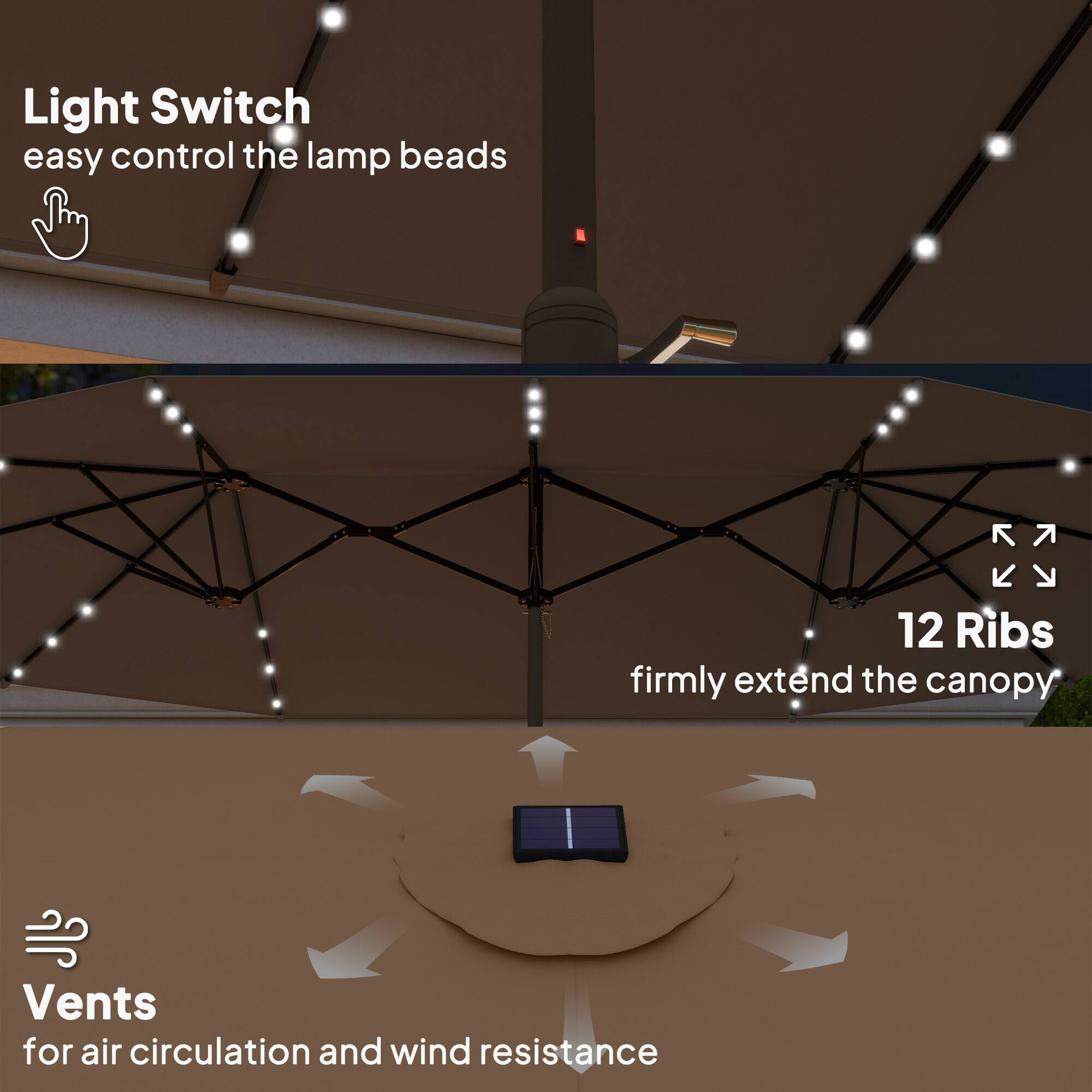 Light Switch easy control the lamp beads, 12 Ribs firmly extend the canopy, Vents for air circulation and wind resistance