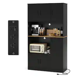 Costway - 71" Tall Kitchen Pantry Cabinet with Charging Station Microwave Stand & Doors - Black
