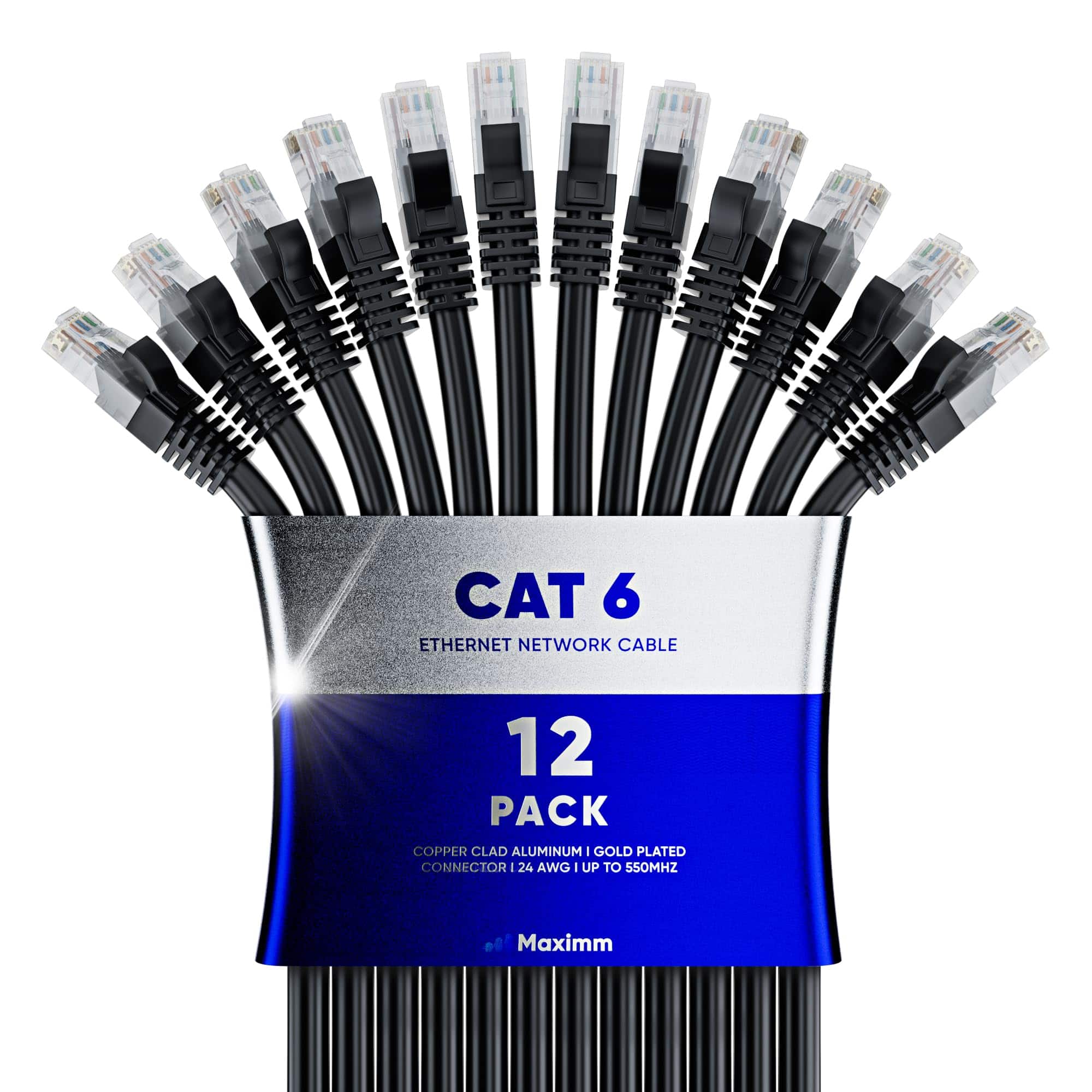 Maximm - Cat 6 Ethernet Cable 50 ft (12-Pack) - UTP, 10Gbps, 550MHz
