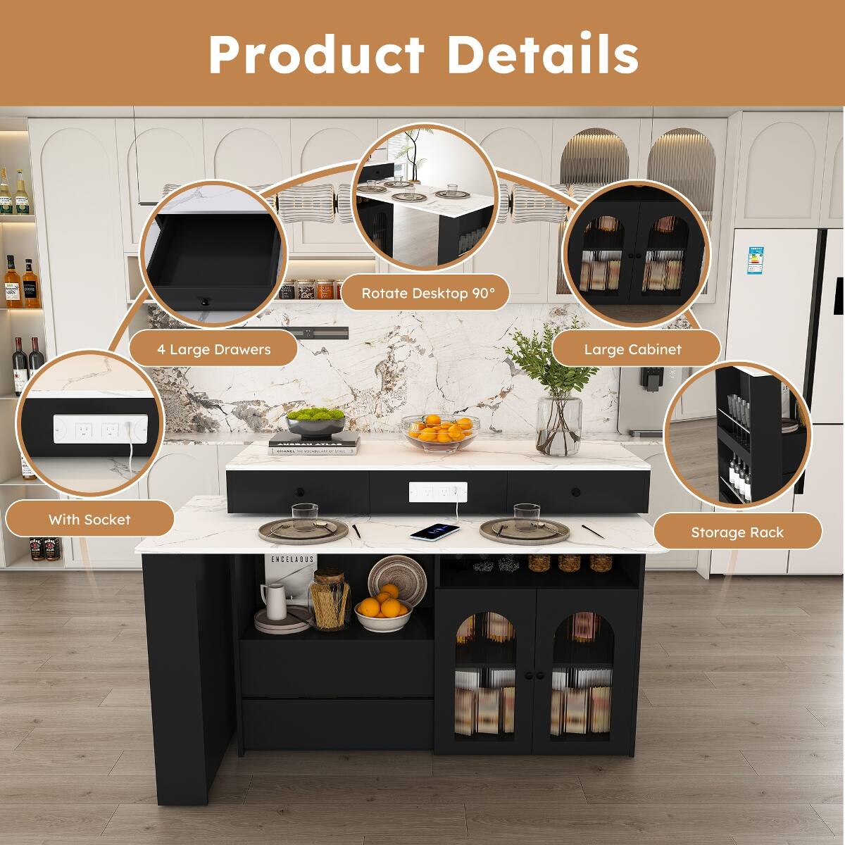 Product Details

- Rotate Desktop 90°
- 4 Large Drawers
- Large Cabinet
- With Socket
- Storage Rack