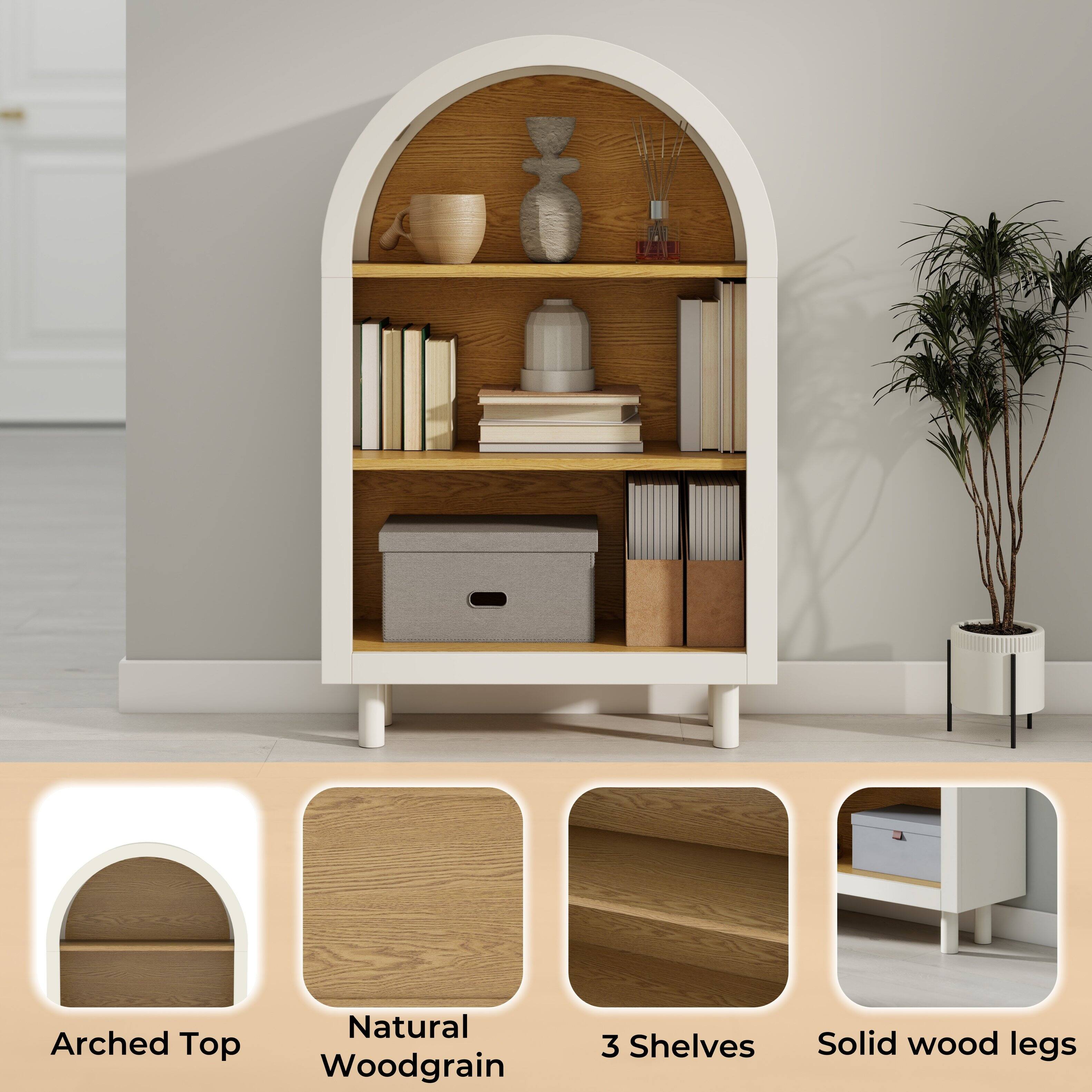 Arched Top  
Natural Woodgrain  
3 Shelves  
Solid wood legs
