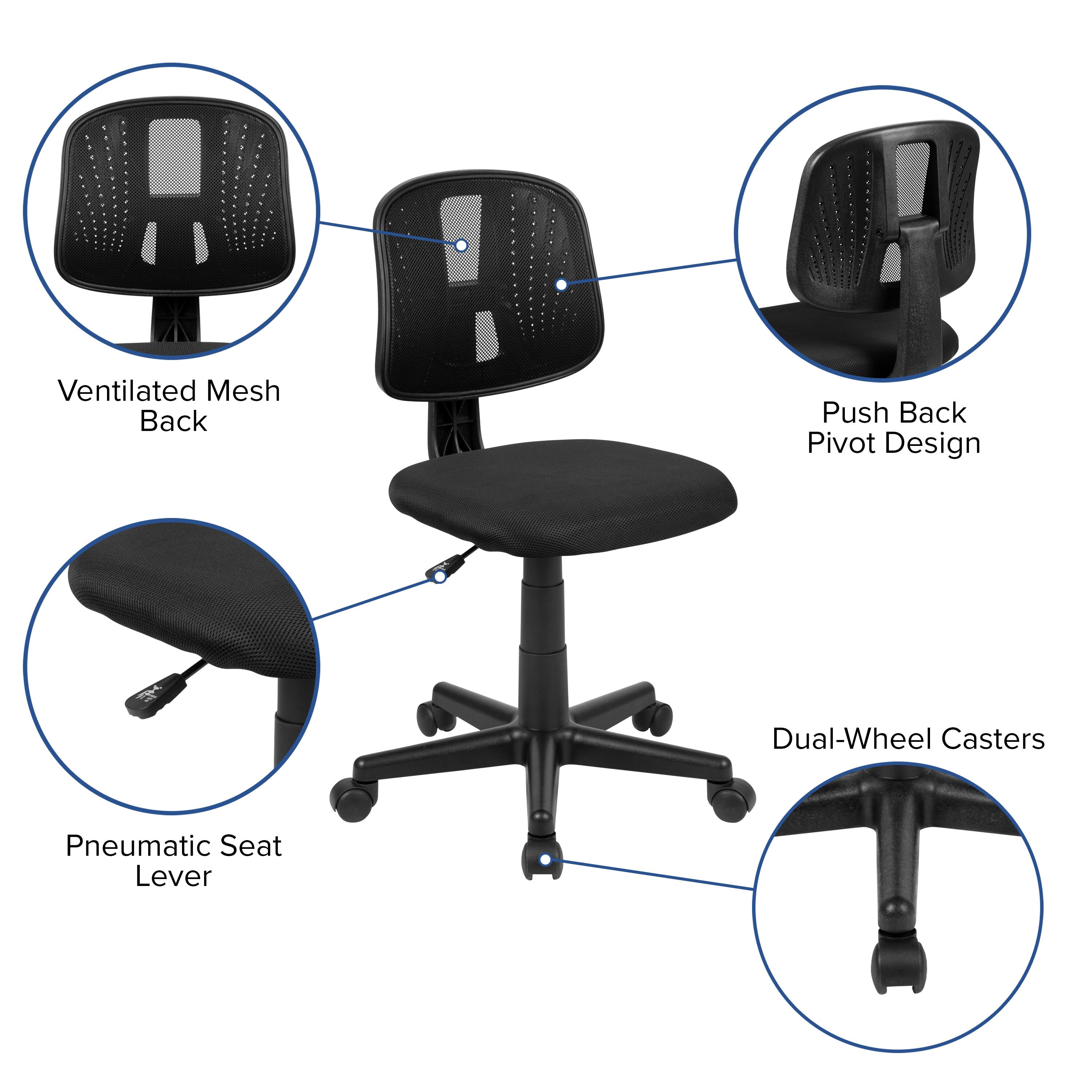 Ventilated Mesh Back  
Push Back Pivot Design  
Dual-Wheel Casters  
Pneumatic Seat Lever