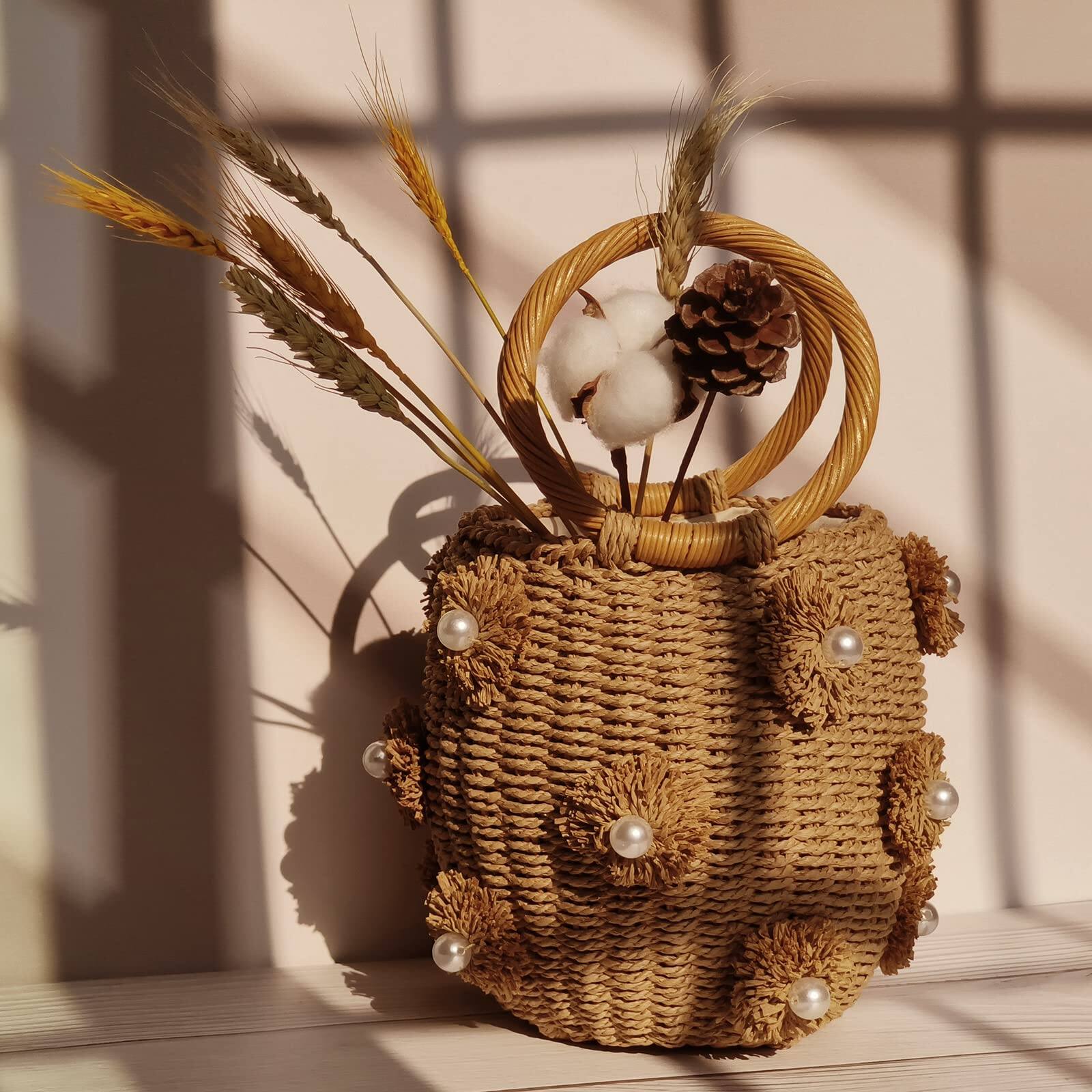 Alt View 6. Fabibe - Flower Pearls Rattan Tote Bag Summer Beach Drawstring Straw Bucket Woven Handbag - J Beige.