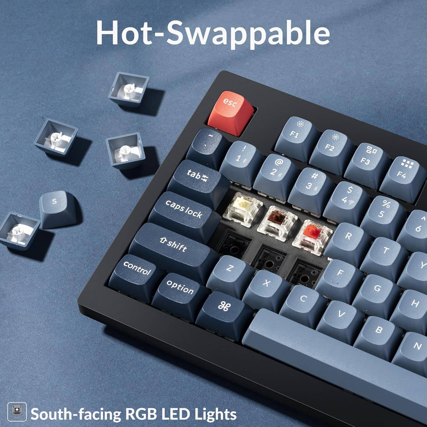 Hot-Swappable esc S - ! 1 & tab caps lock + shift control Z option s 2 $ x F1 F2 F3 # F4 3 & $ 4 4 % 5 A 6 R T Y F G H V N South-facing RGB LED Lights
