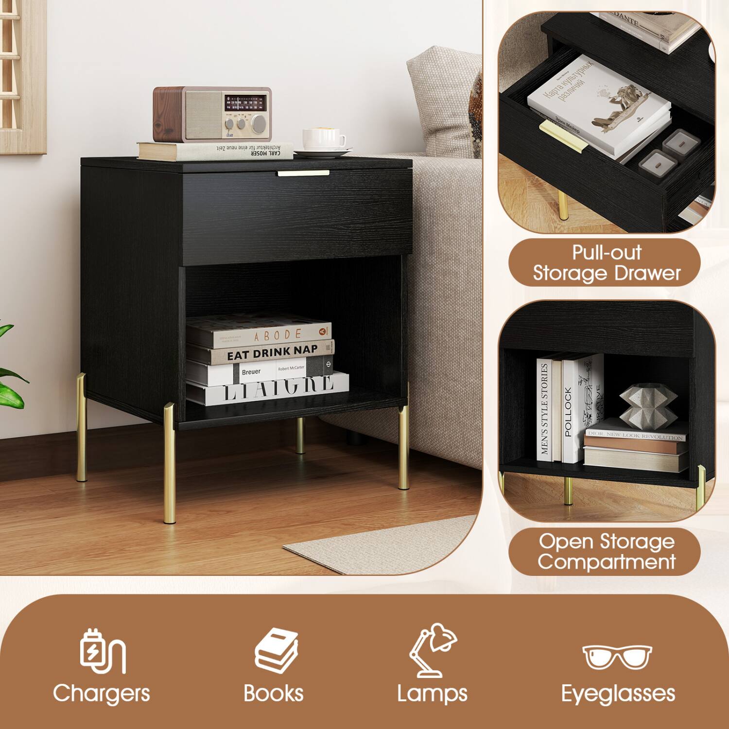 TA  
DANTE -  
Zeit 15% rice 0% Architektur MOSER CARL  
Pull-out Storage Drawer  
ABODE 3 DRINK NAP EAT Addent Breuer LIAIGRE  
STORIES STYLE MEN'S  
POLLOCK  
DIOR. NEW LOOK REVOLUTION  
Open Storage Compartment  
Chargers  
Books  
Lamps  
Eyeglasses