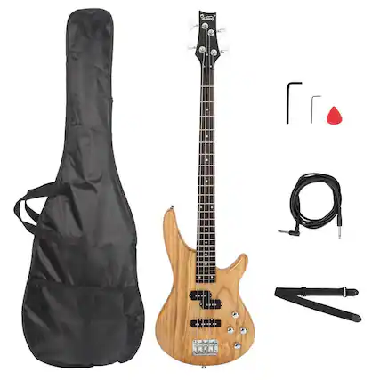 Front. Winado - Electric Bass Guitar Full Size 4 String Exquisite Stylish Bass with Power Line, Bag and Wrench Tool (Natural Wood).