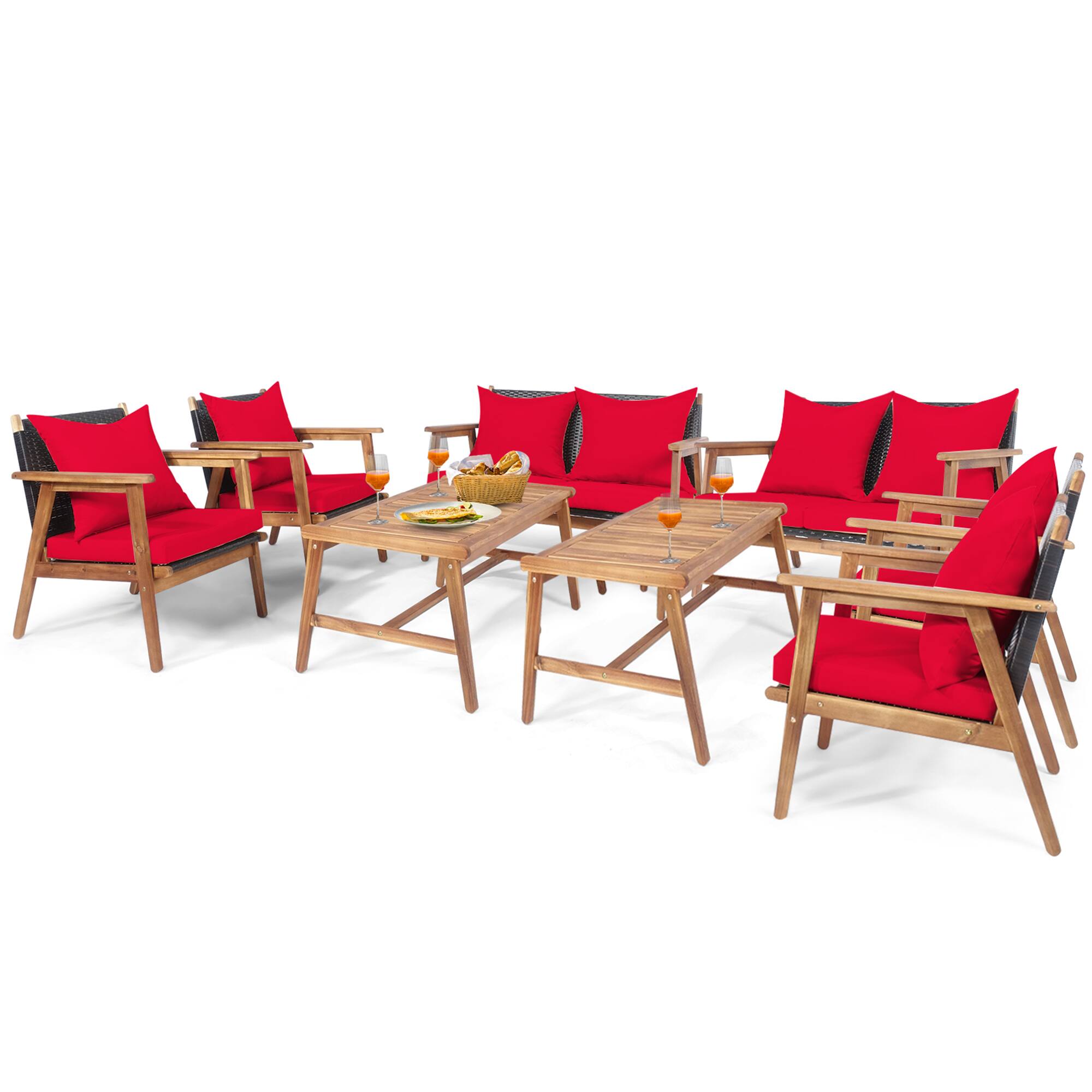 Alt View 1. Gymax - Gymax 8PCS Patio Conversation Set Wood Frame Furniture Set w/ Red Cushions - Red.