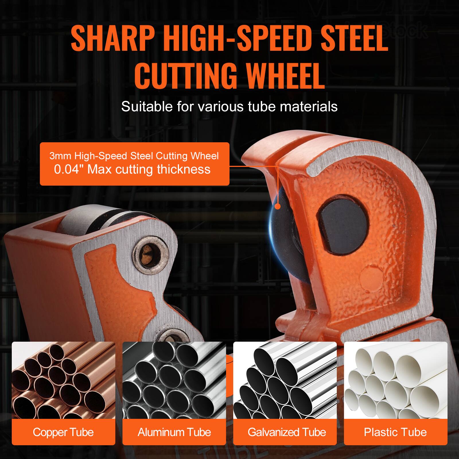 SHARP HIGH-SPEED STEEL CUTTING WHEEL  
Suitable for various tube materials  

3mm High-Speed Steel Cutting Wheel  
0.04" Max cutting thickness  

Copper Tube  
Aluminum Tube  
Galvanized Tube  
Plastic Tube