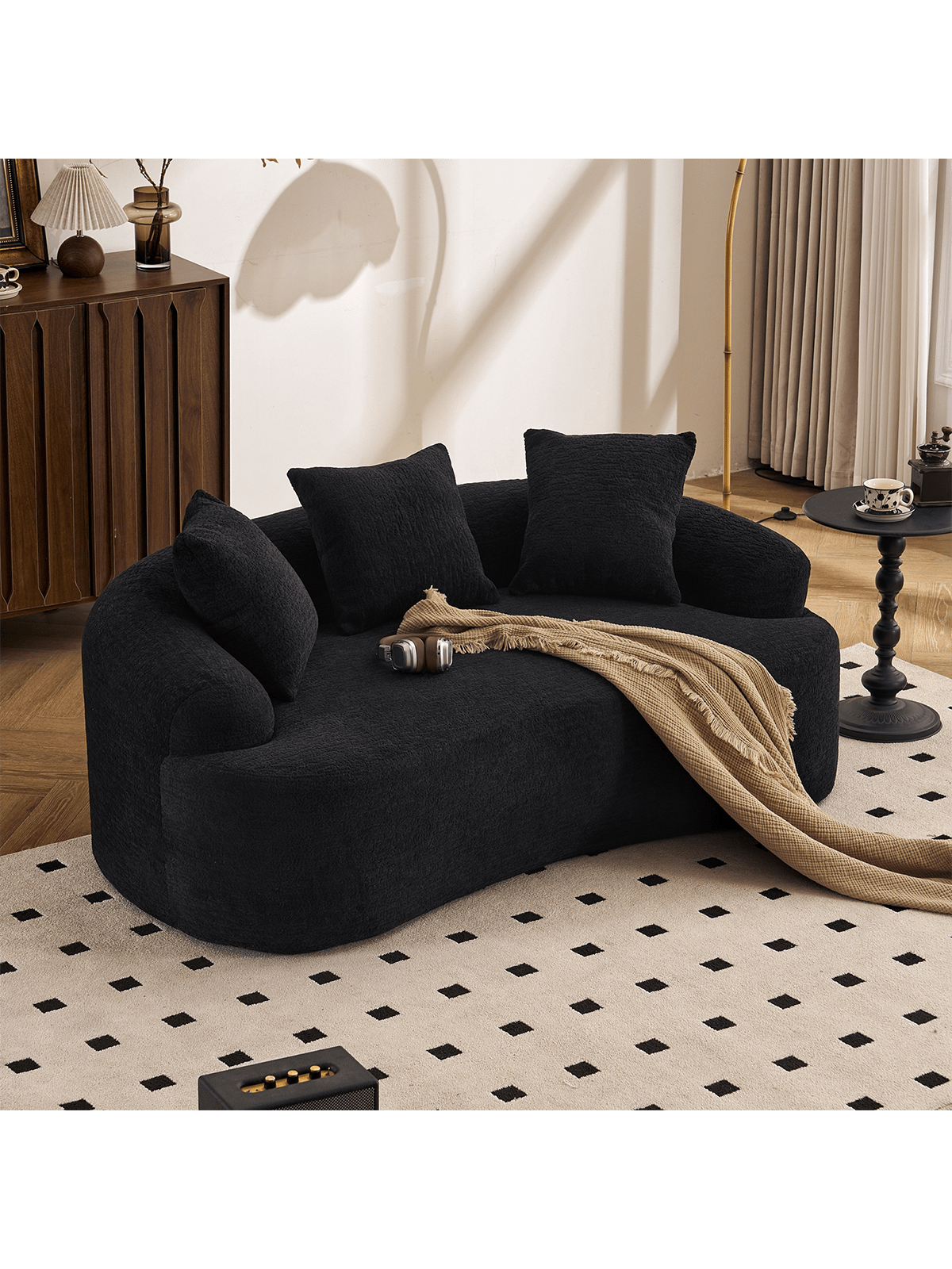 Alt View 2. Trinkets Crazed - 65" Curved Small Loveseat Sofa,Cozy Chenille Upholstered Couch With 3 Pillows,Modern Deep Seat Cloud Couch - Black.
